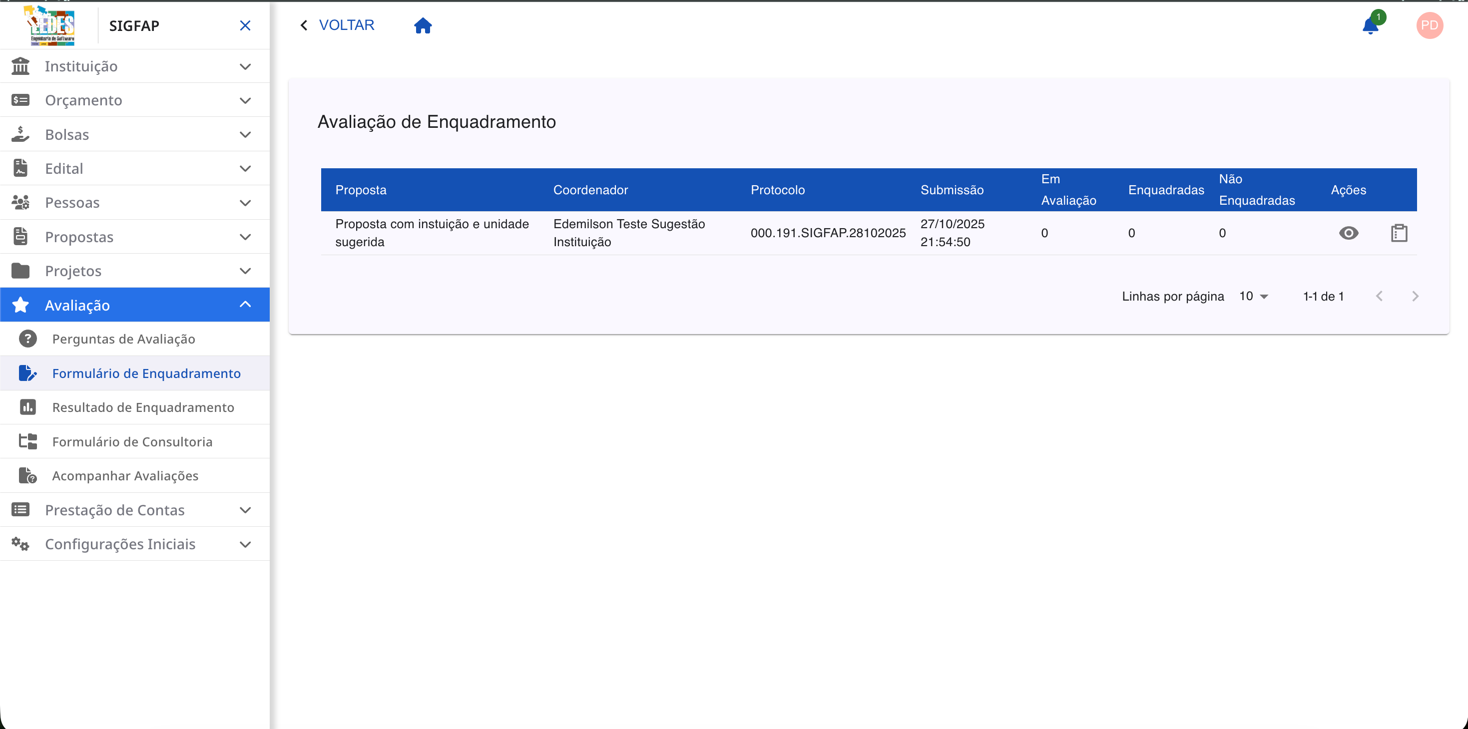 Tela de listagem com todas as propostas aguardando enquadramento.