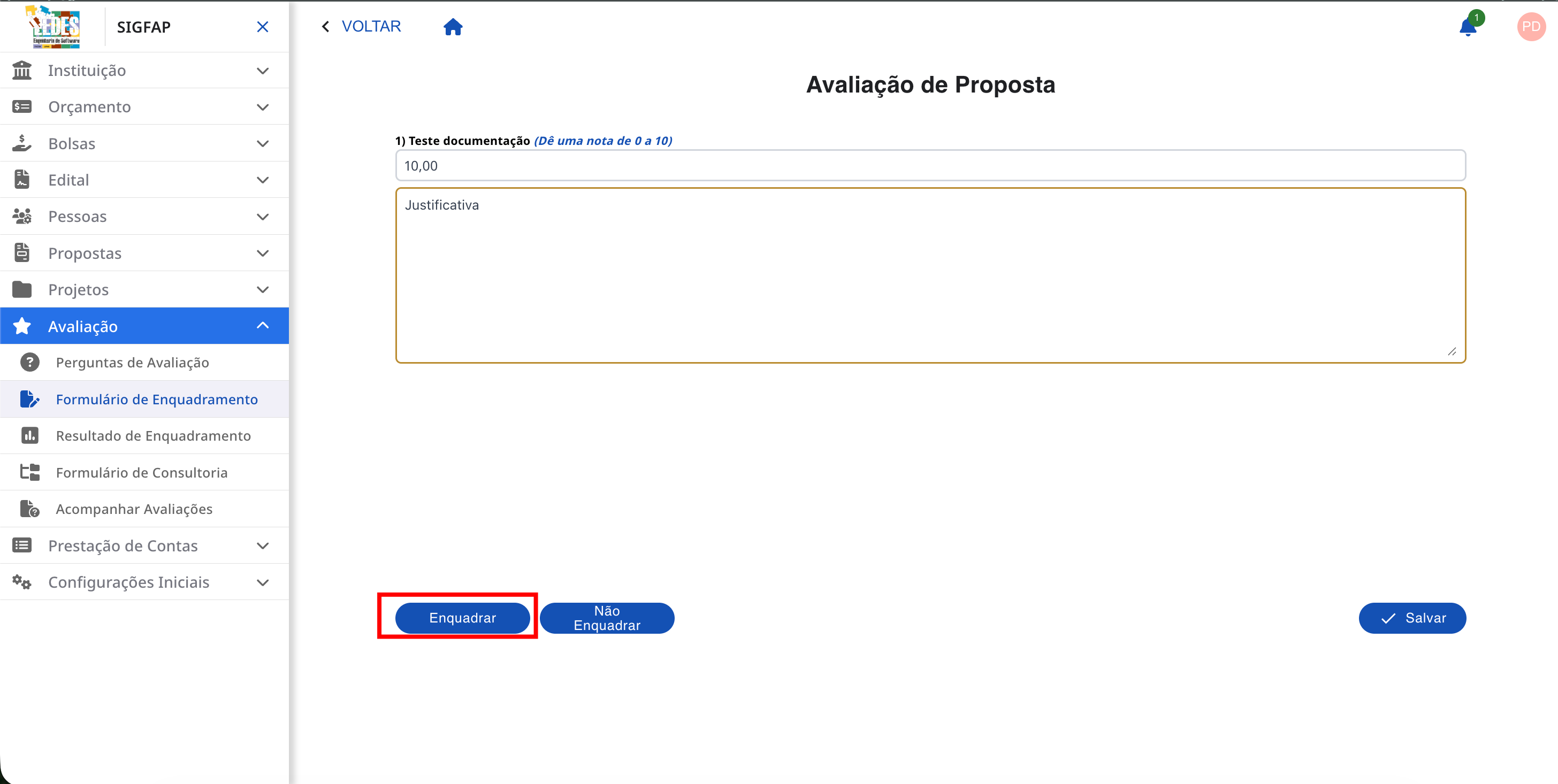 Lista de avaliações mostrando um resultado "Enquadrado".