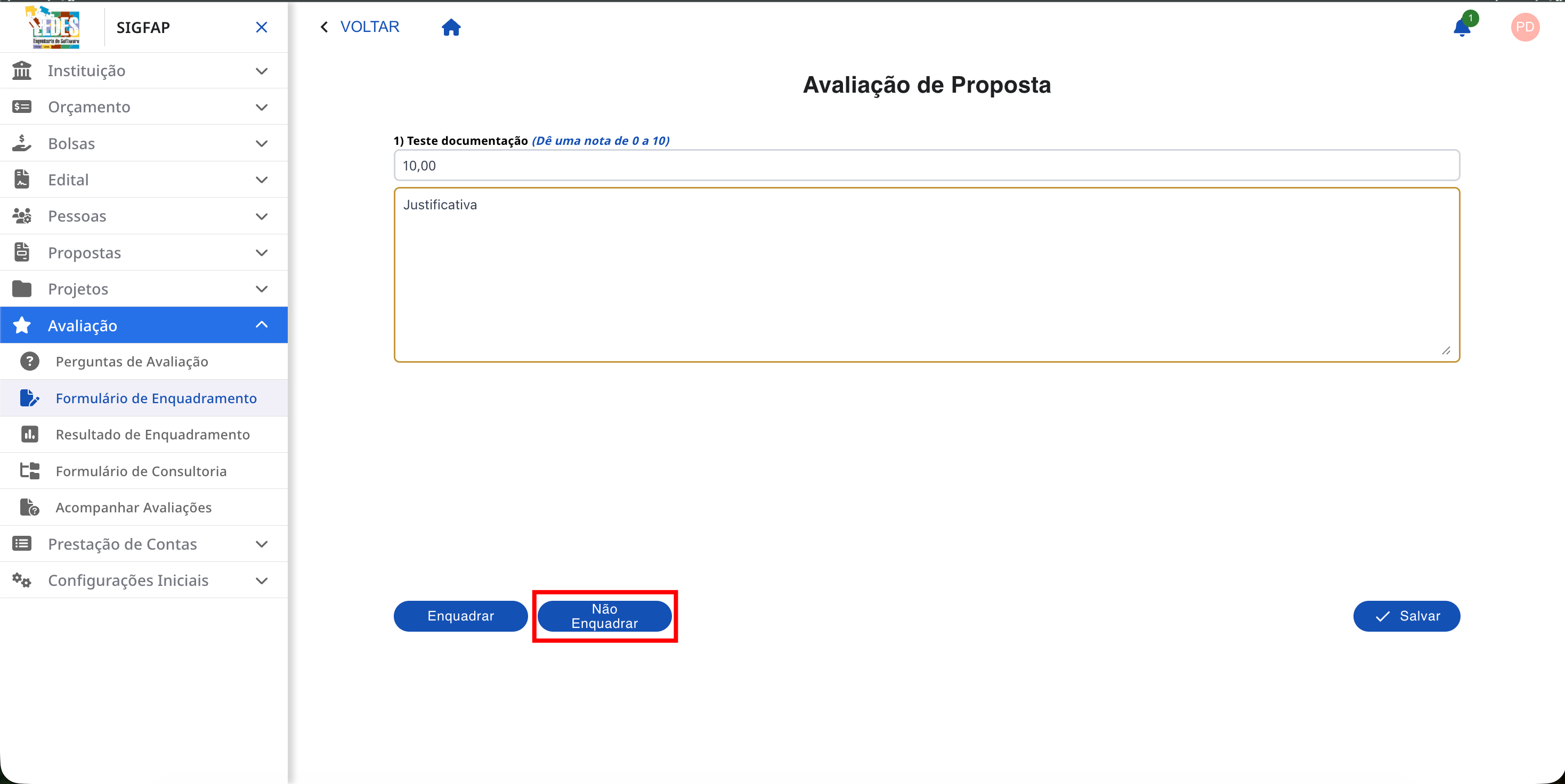 Lista de avaliações mostrando um resultado "Não Enquadrado".
