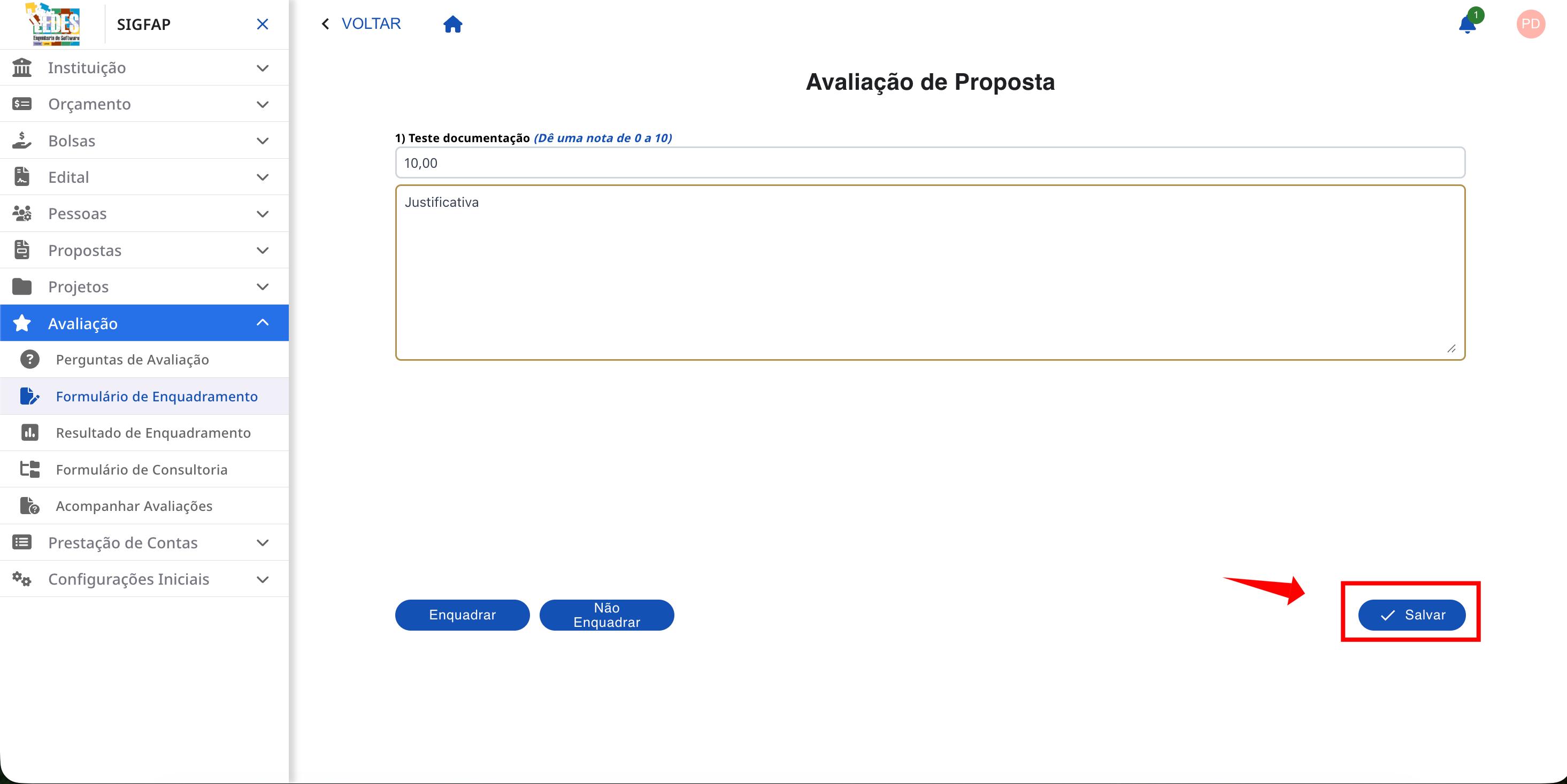 Lista de avaliações mostrando um resultado "Salvar".
