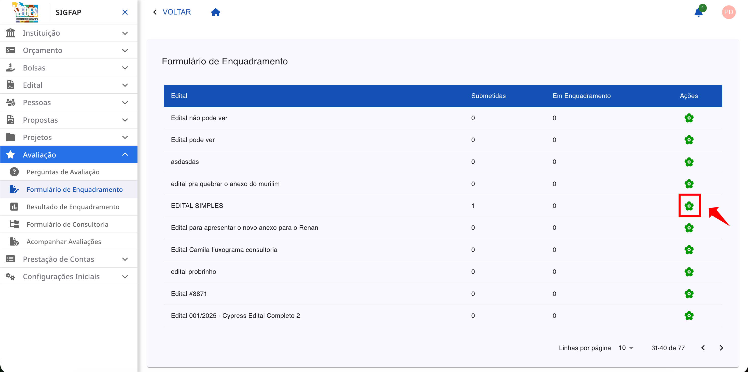 Tela de listagem de editais com o ícone de Gerenciar Formulários destacado.