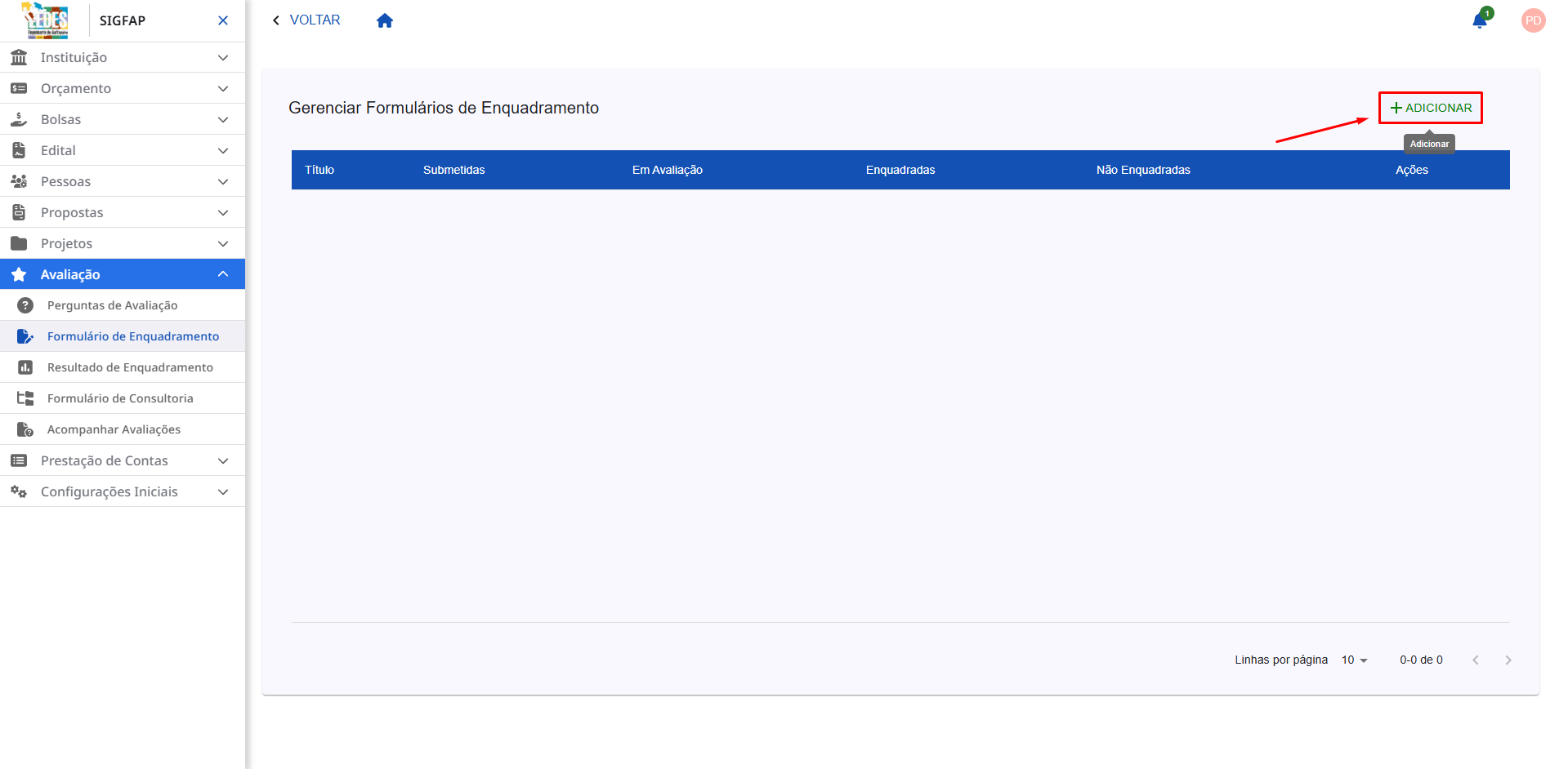 Botão para adicionar um novo formulário de enquadramento.