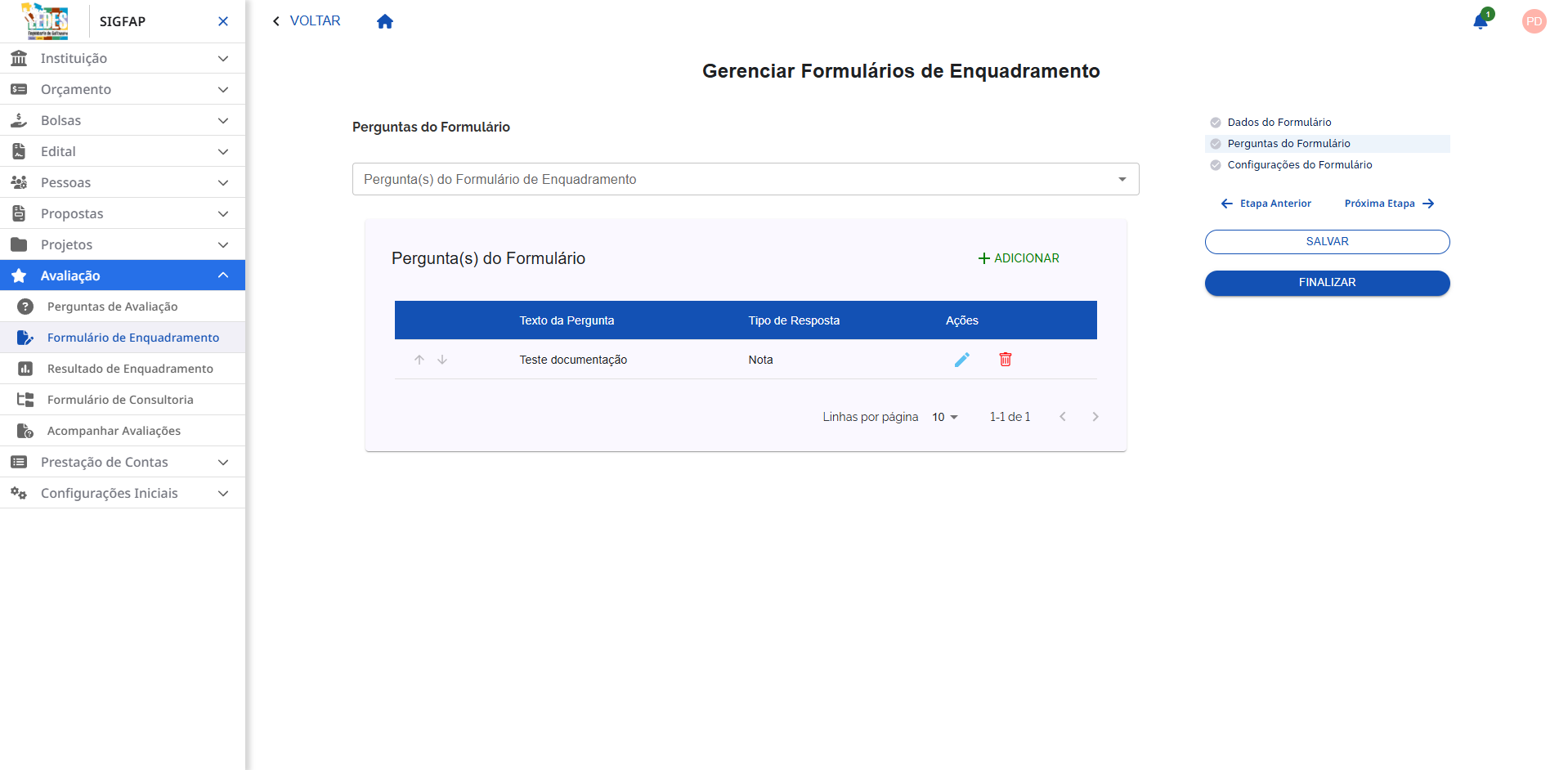 Tela de adição de perguntas ao formulário.