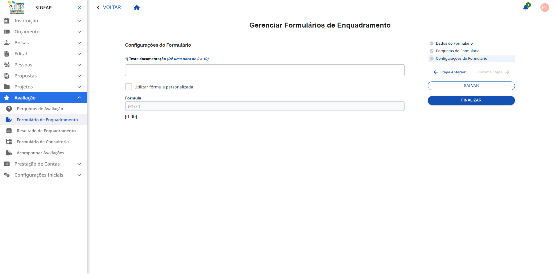 Definindo as regras de cálculo para as notas. Tela de Configurações das Notas.
