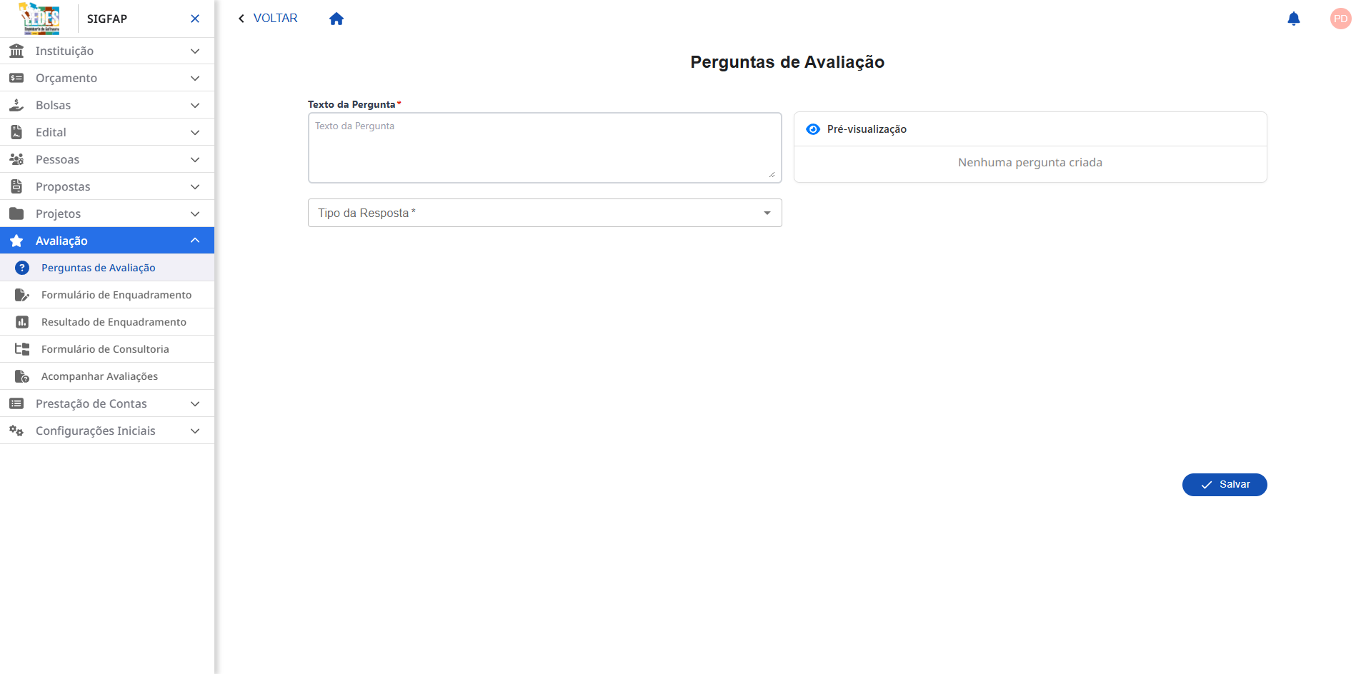 Configurando os detalhes de uma pergunta. Formulário de edição/criação de uma pergunta.