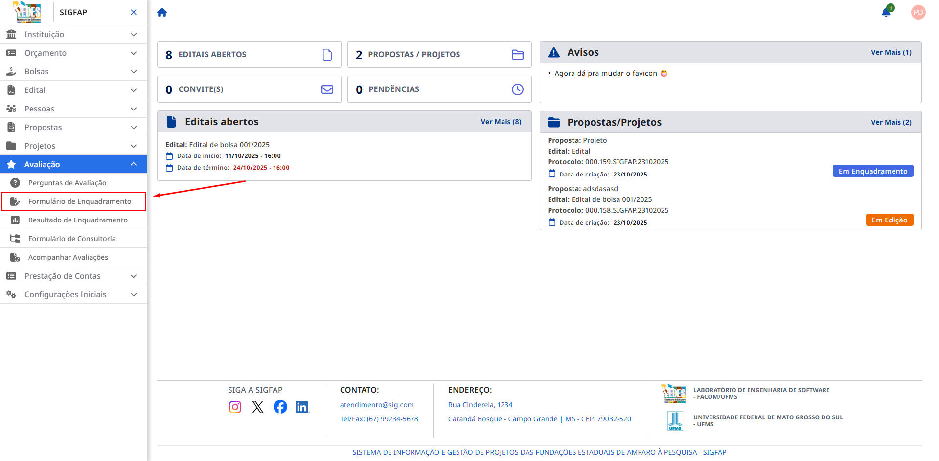 Menu lateral com a opção Formulário de Enquadramento destacada.