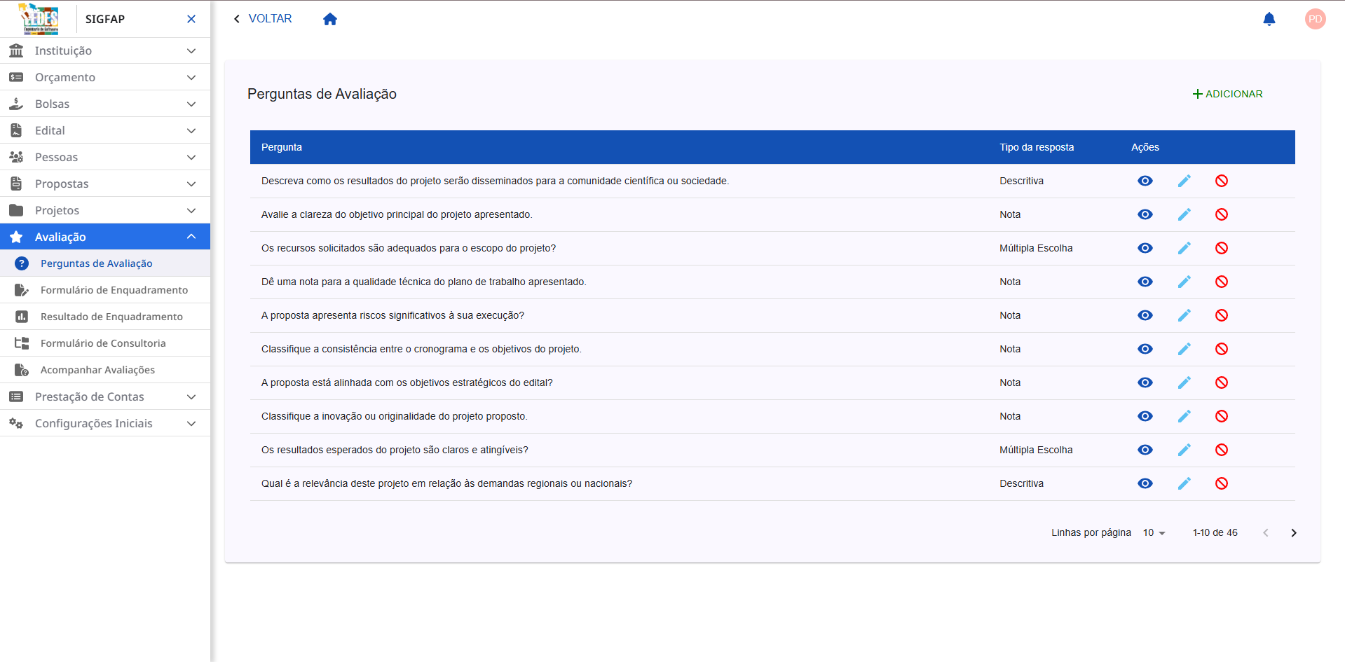 Navegando para a tela de Perguntas de Avaliação. Tela de listagem das perguntas.