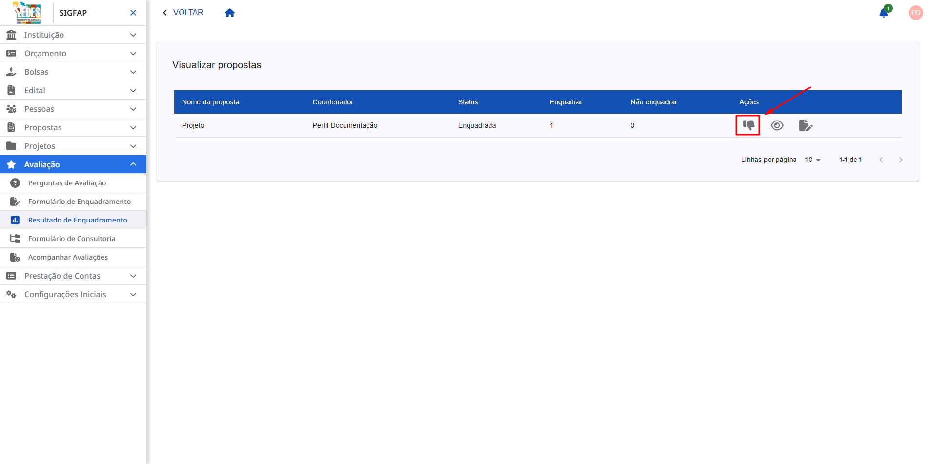 Tela mostrando uma proposta com o status de enquadramento já definido, mas ainda alterável.