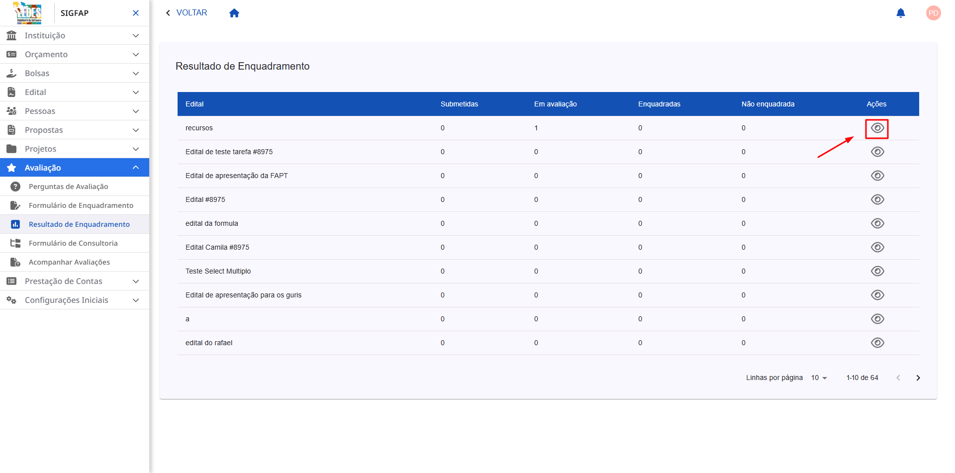 Tela de listagem de editais com o ícone de Visualizar Propostas destacado.