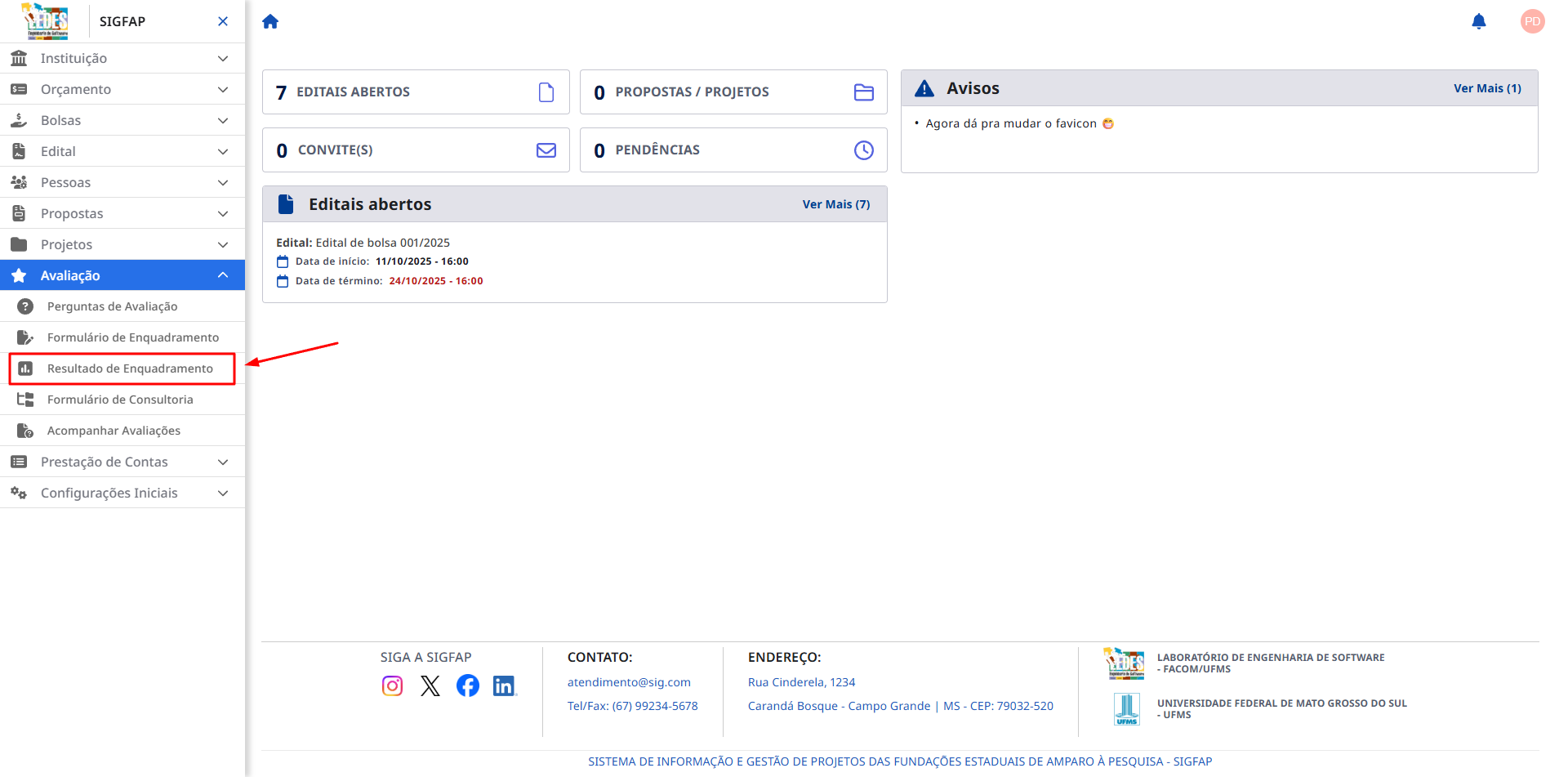 Menu lateral com a opção Resultado de Enquadramento destacada.