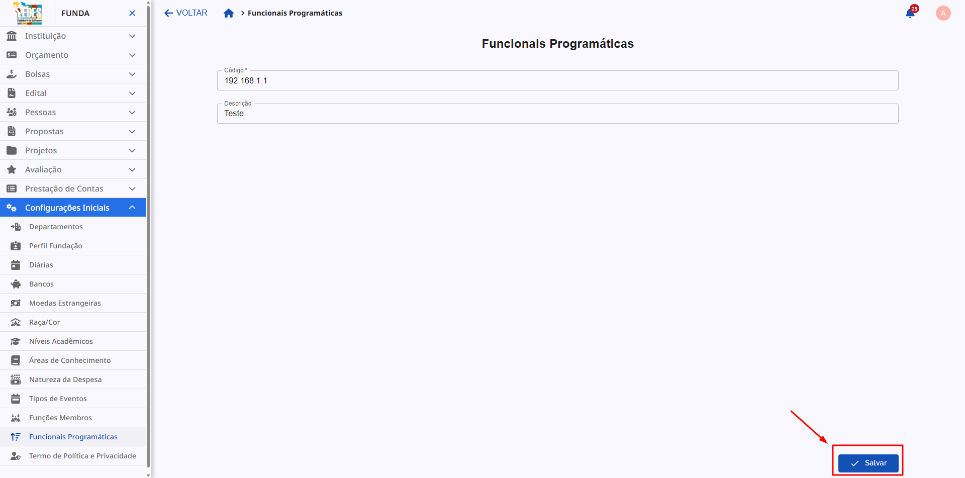 Formulário de adição de uma nova funcional programática.
