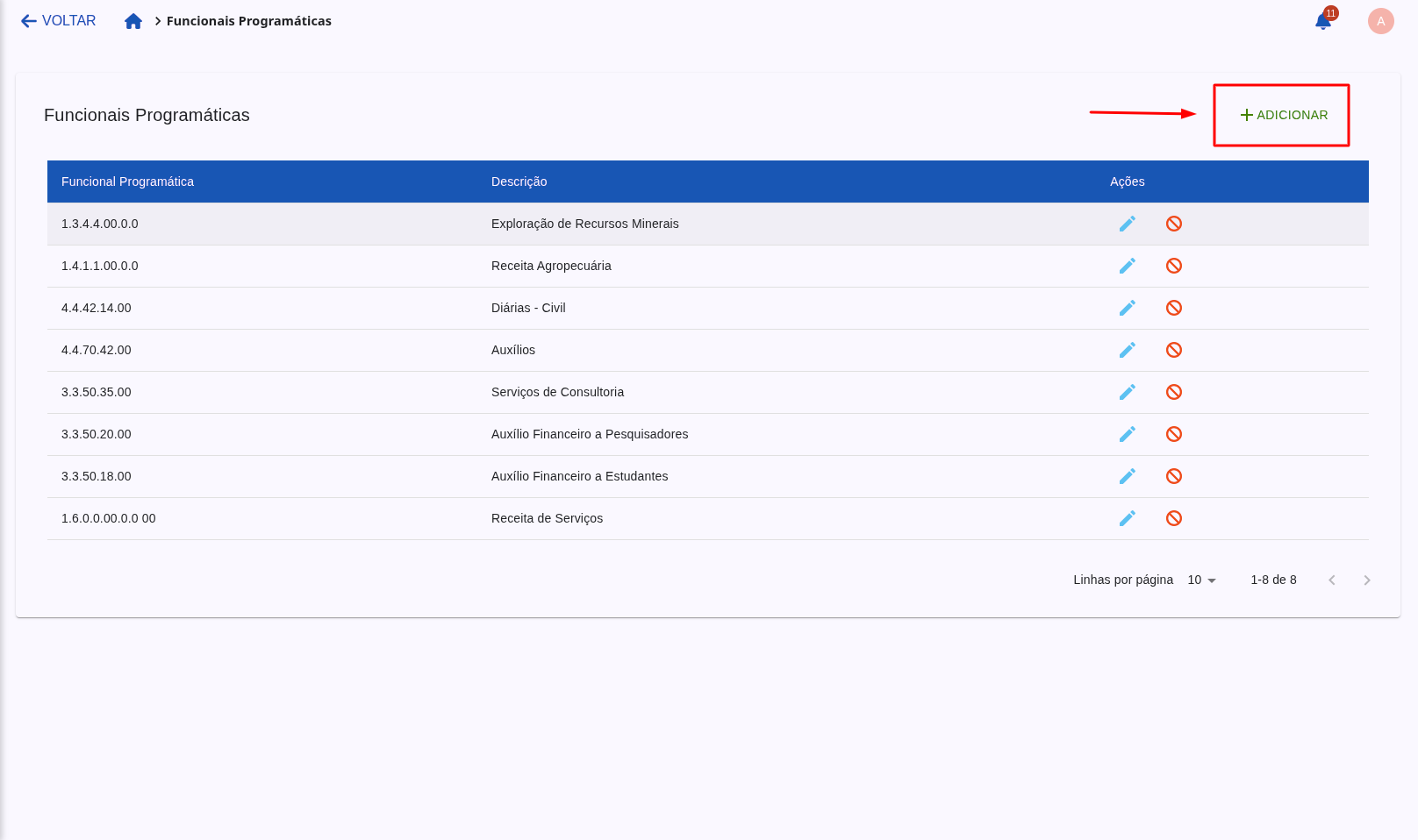 Opção de adição de uma nova funcional programática.