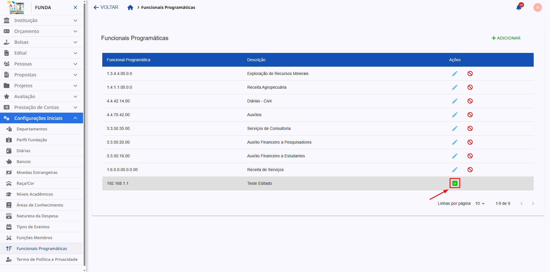 Ícone de check para reativar uma funcional programática.