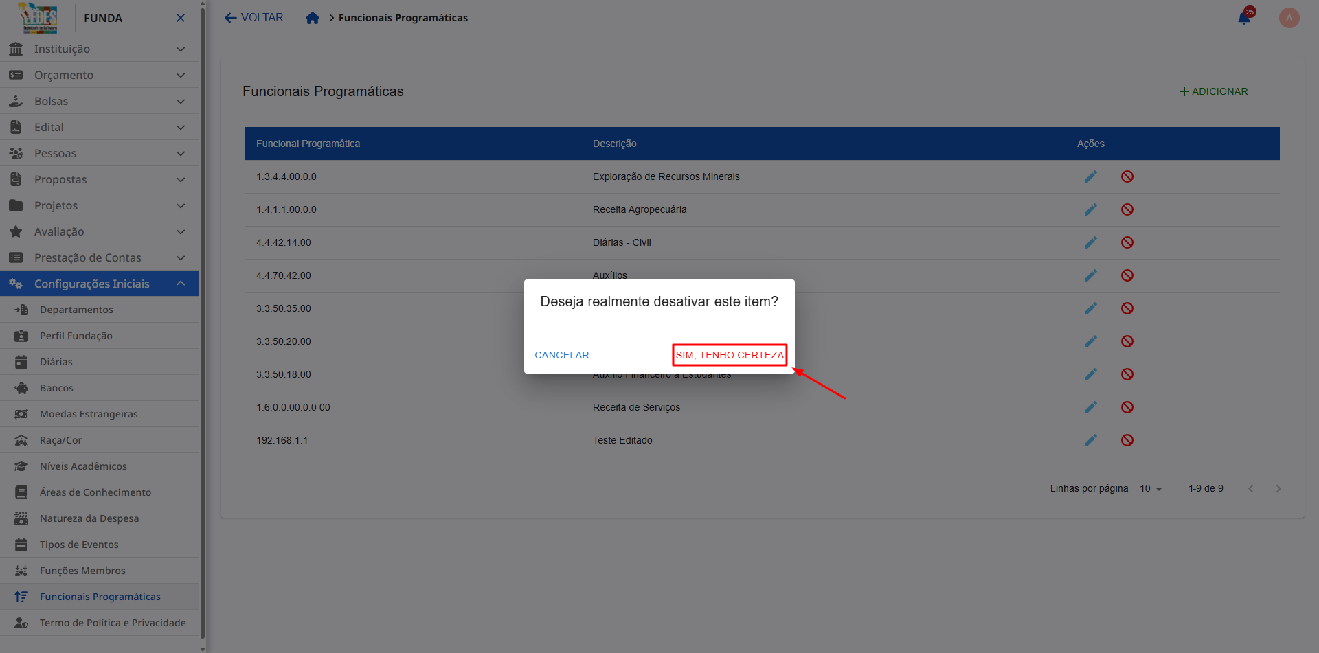 Janela de confirmação para desativar o item.