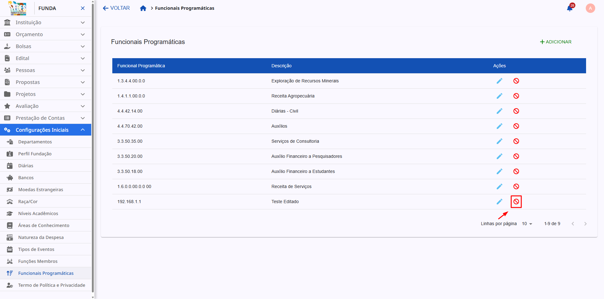 Ícone de bloqueio para desativar uma funcional programática.