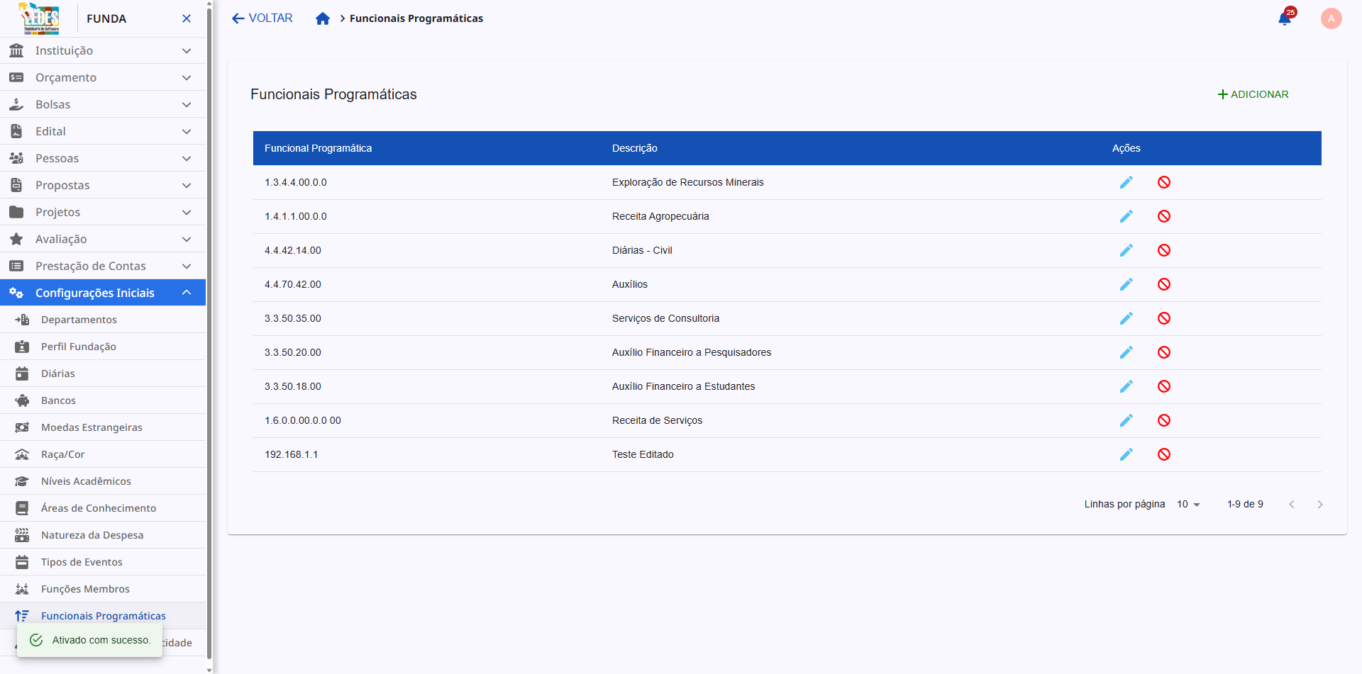 Tela final com a funcional programática reativada na lista.