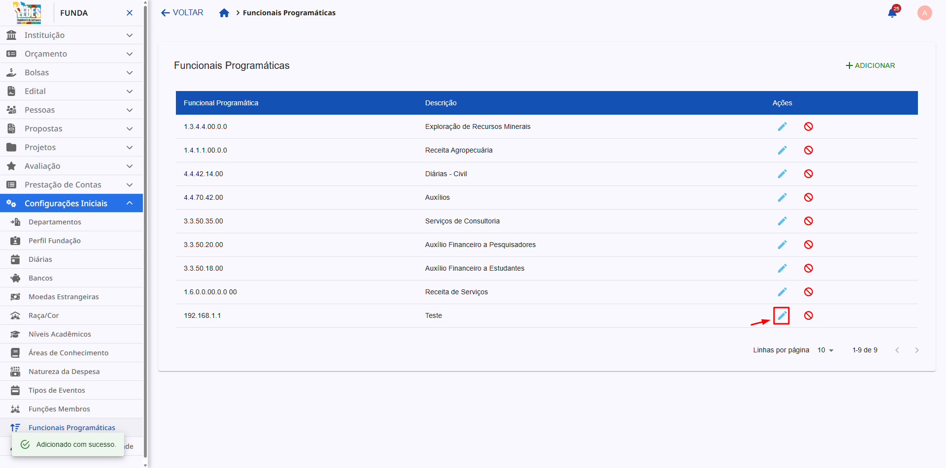 Ícone de lápis para edição destacado na tabela.