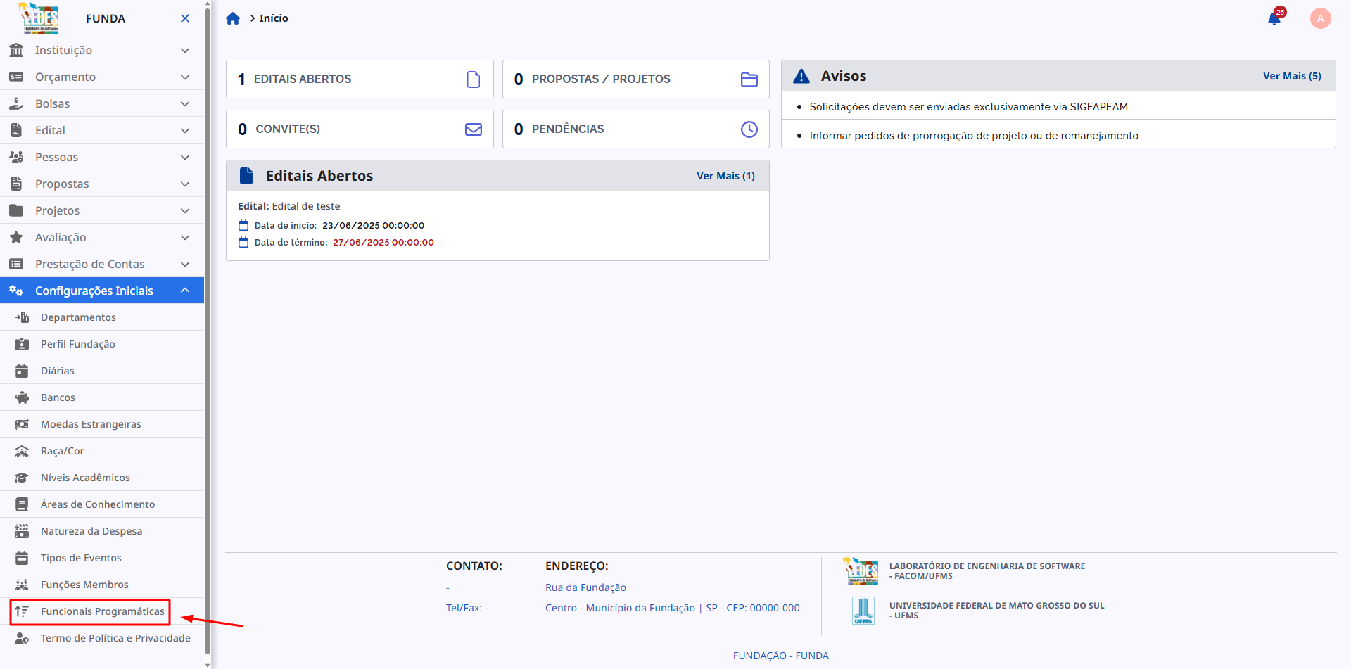 Menu lateral com a opção Funcionais Programáticas destacada.