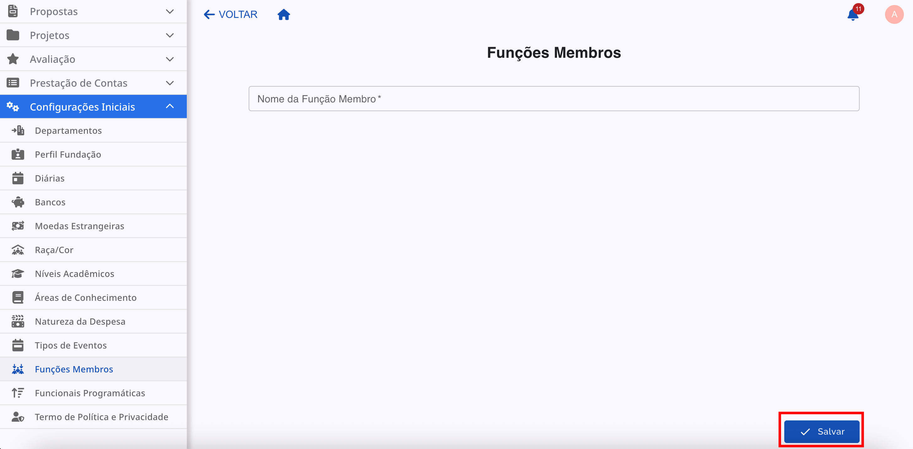 Formulário de adição de uma nova função.