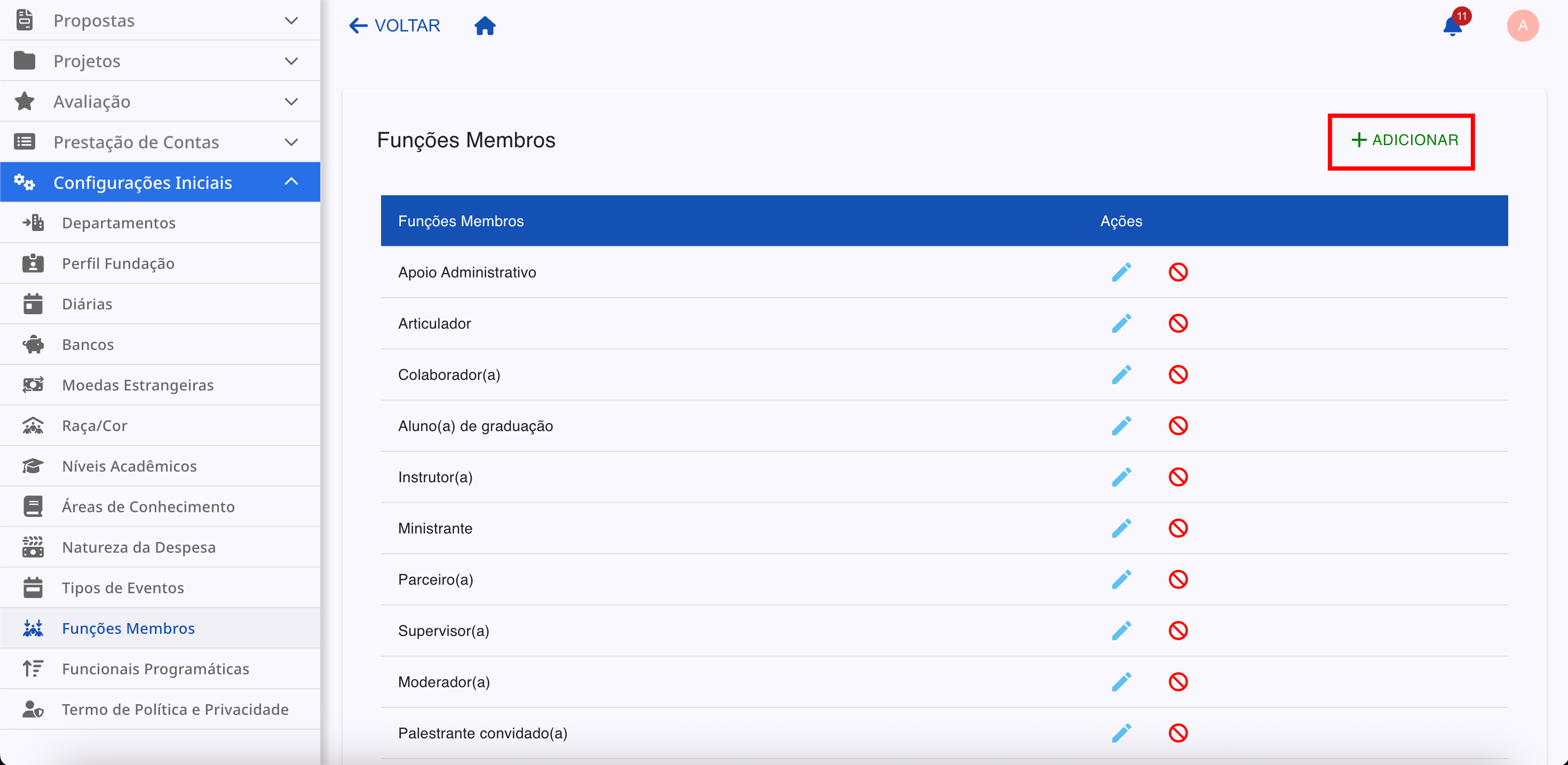 Opção de adição de uma nova função.