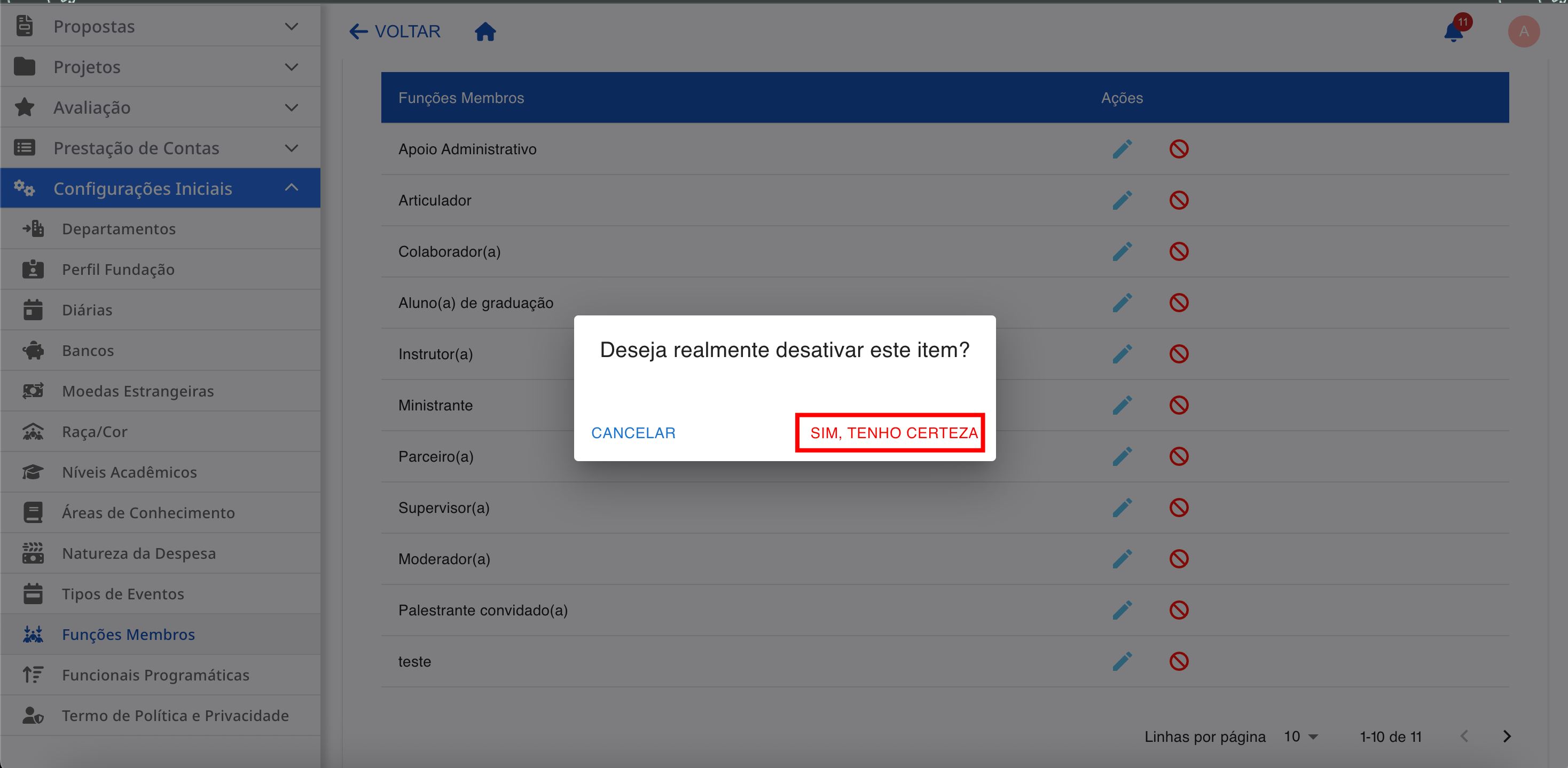 Janela de confirmação para desativar o item.