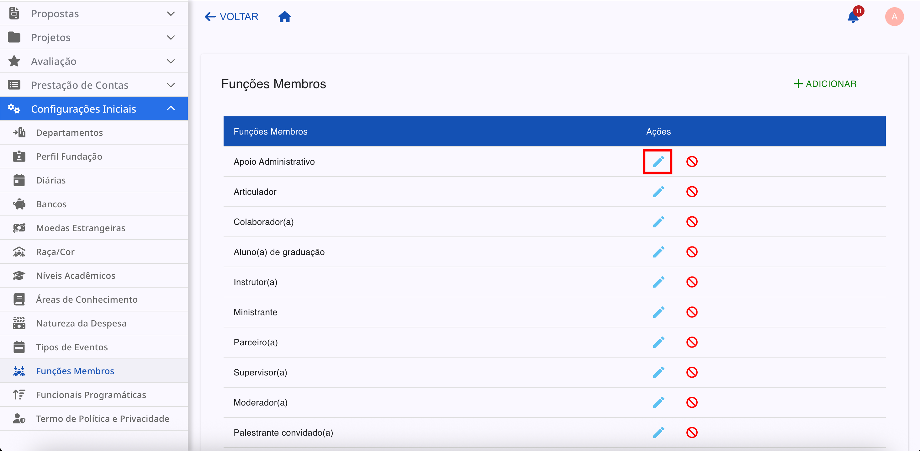 Ícone de lápis para edição destacado na tabela.