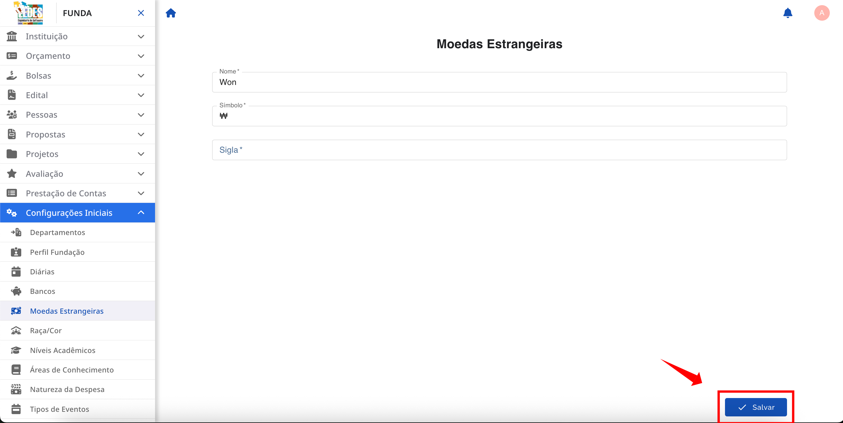 Formulário de adição de uma nova moeda.