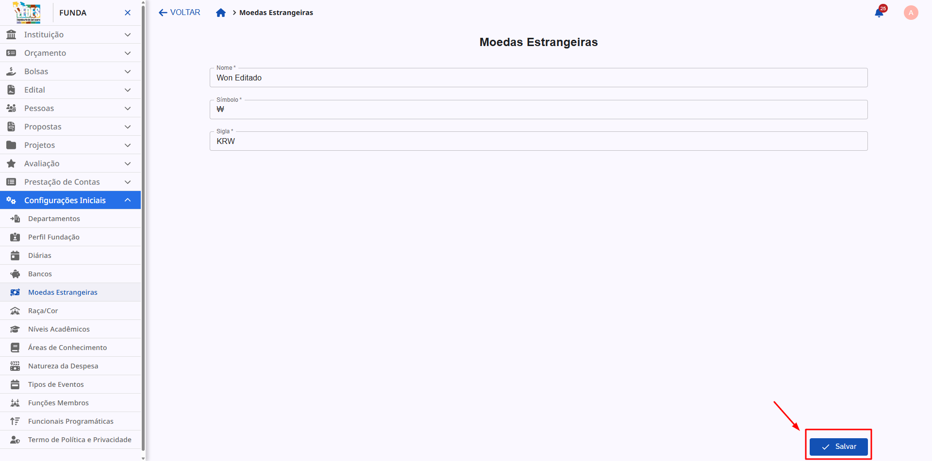 Salvando as alterações na tela de edição.