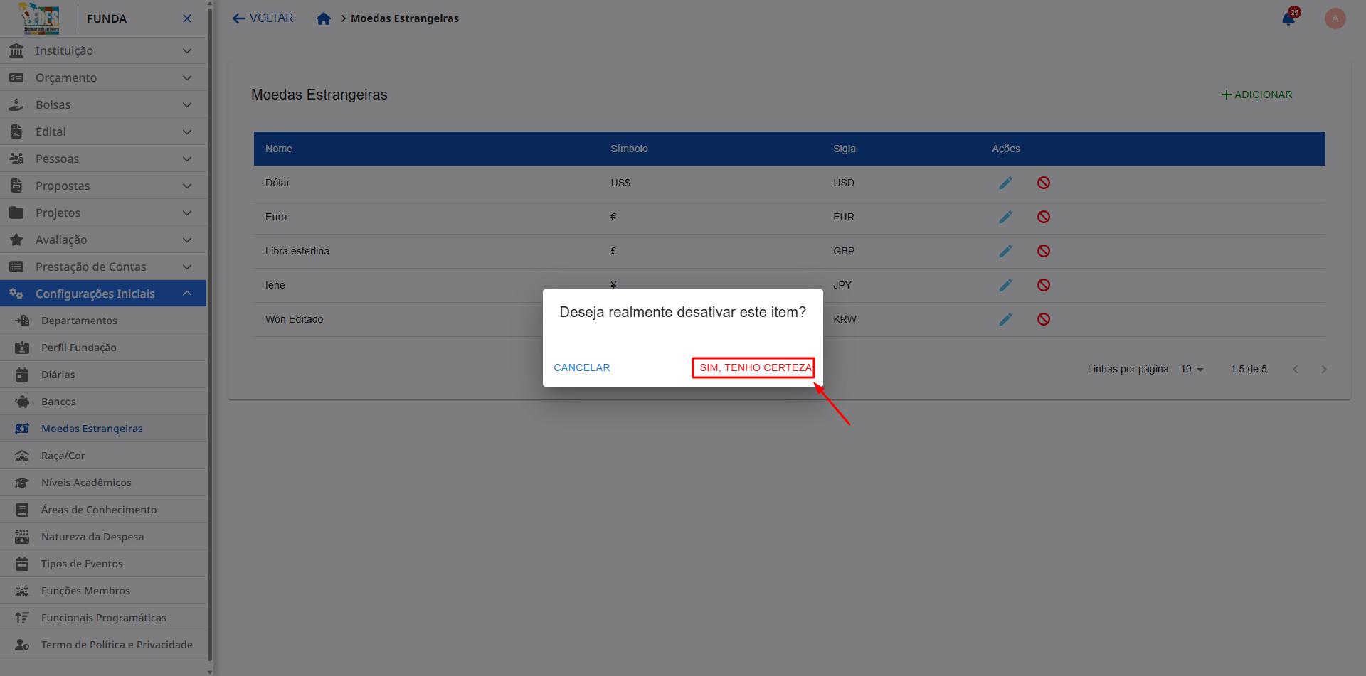 Janela de confirmação para desativar a moeda.