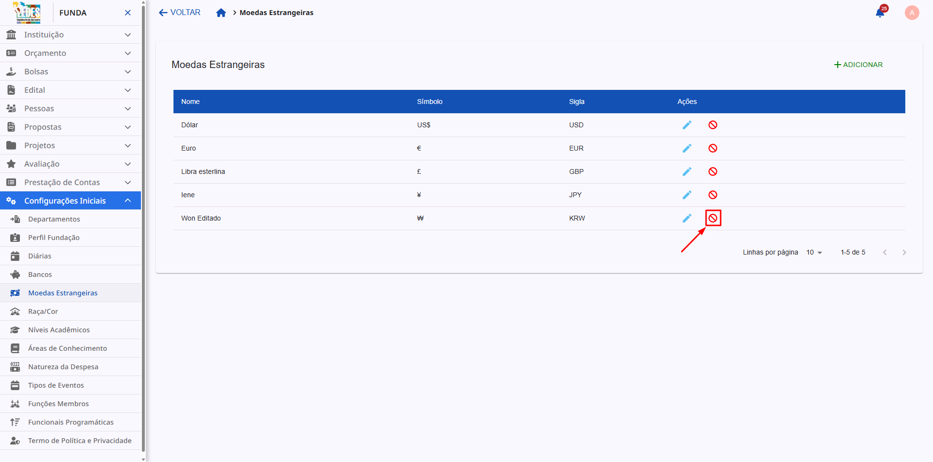 Ícone de bloqueio para desativar uma moeda.