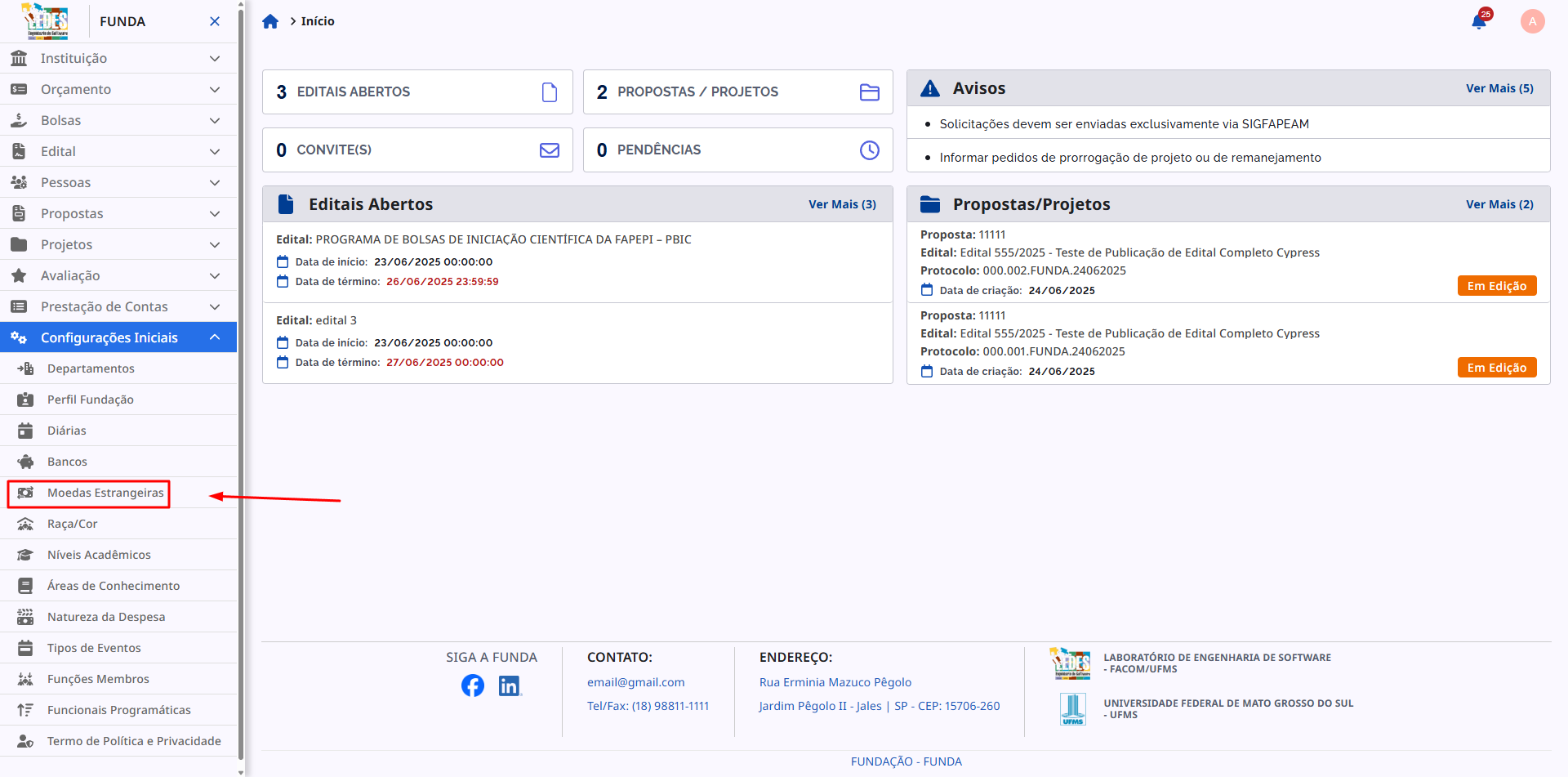 Menu lateral com a opção Moedas Estrangeiras destacada.