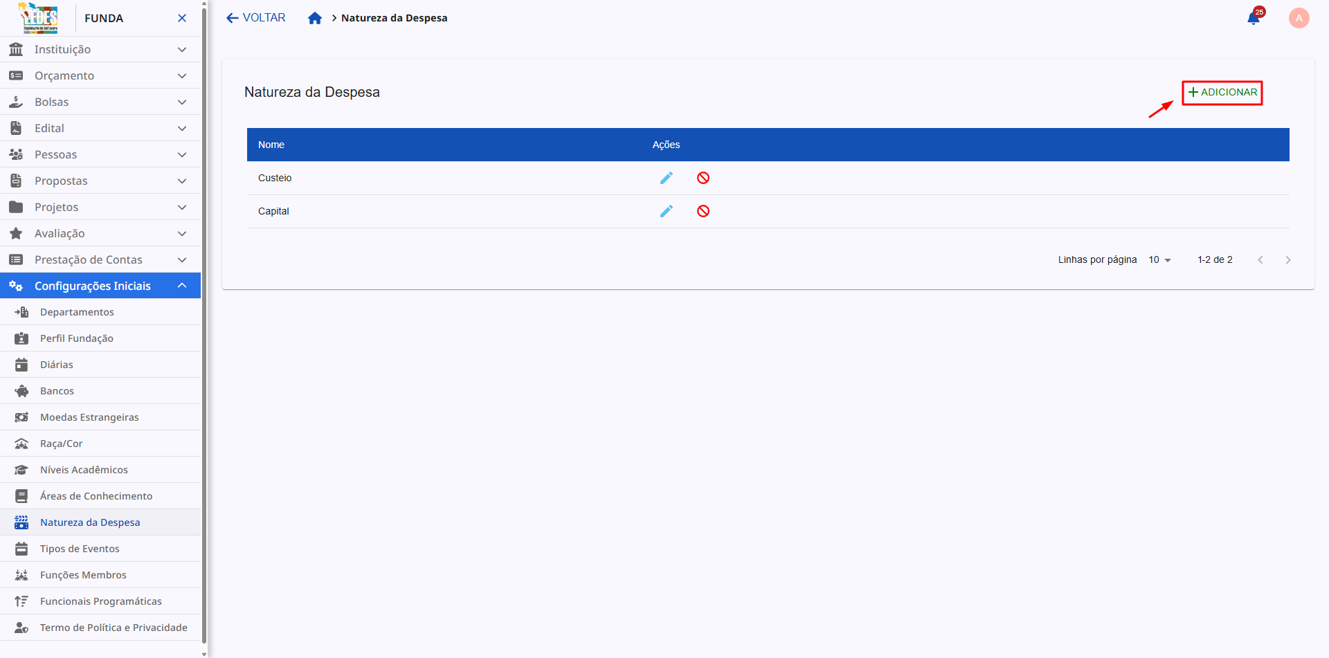 Opção de adição de uma nova natureza da despesa.