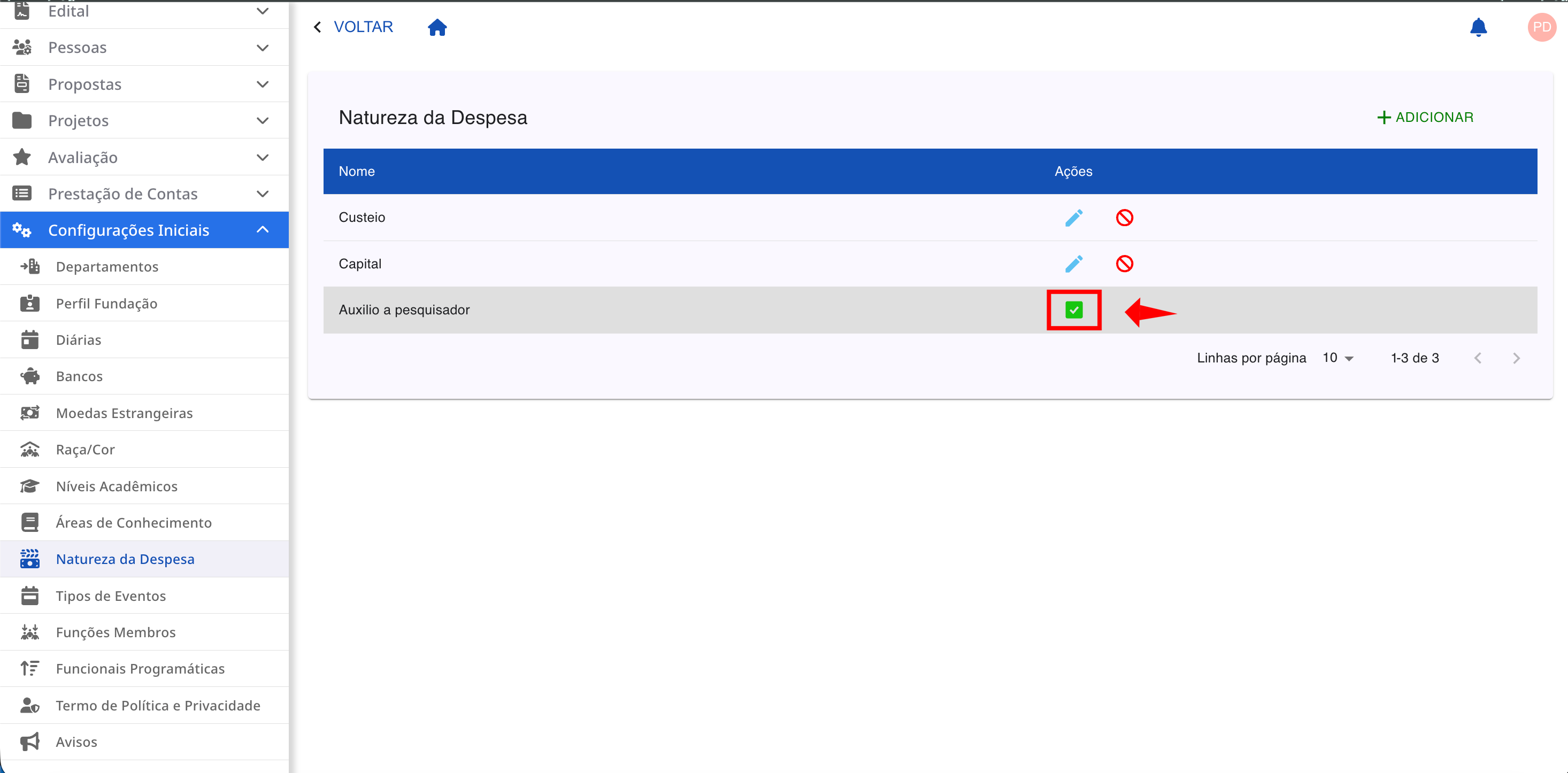 Selecionando a opção para desativar. Ícone de bloqueio para ativar uma natureza da despesa.
