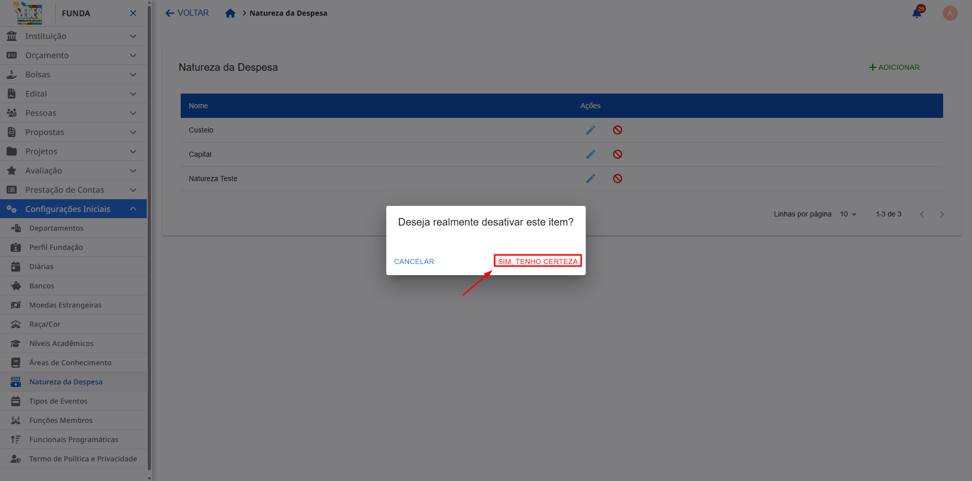 Janela de confirmação para desativar a natureza da despesa.