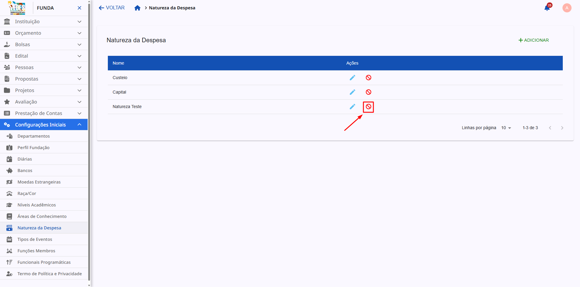 Ícone de bloqueio para desativar uma natureza da despesa.