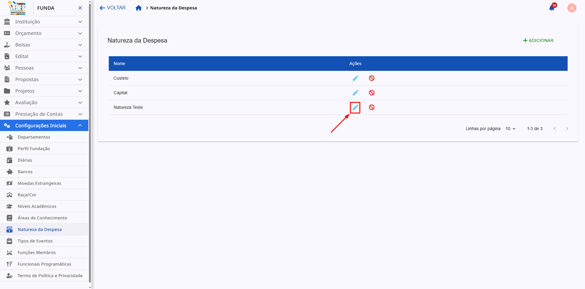 Ícone de lápis para edição destacado na tabela.