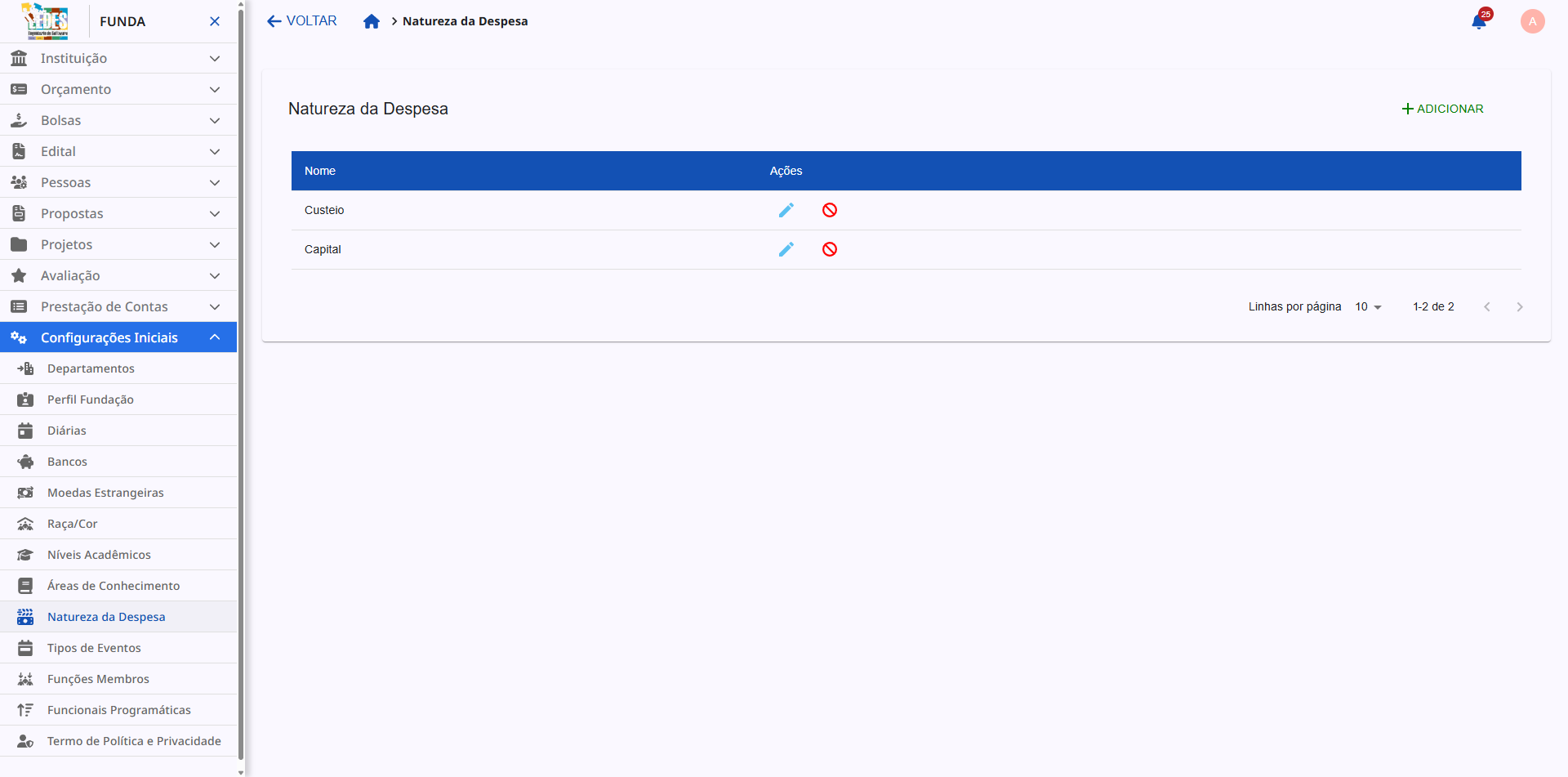 Tela principal de Naturezas de Despesas.
