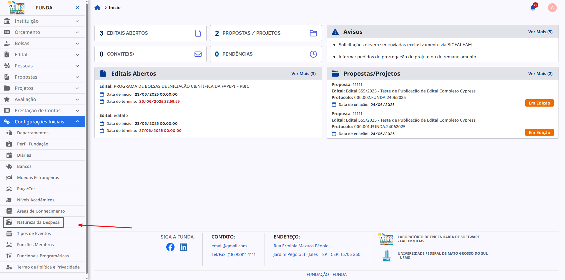Menu lateral com a opção Naturezas de Despesas destacada.