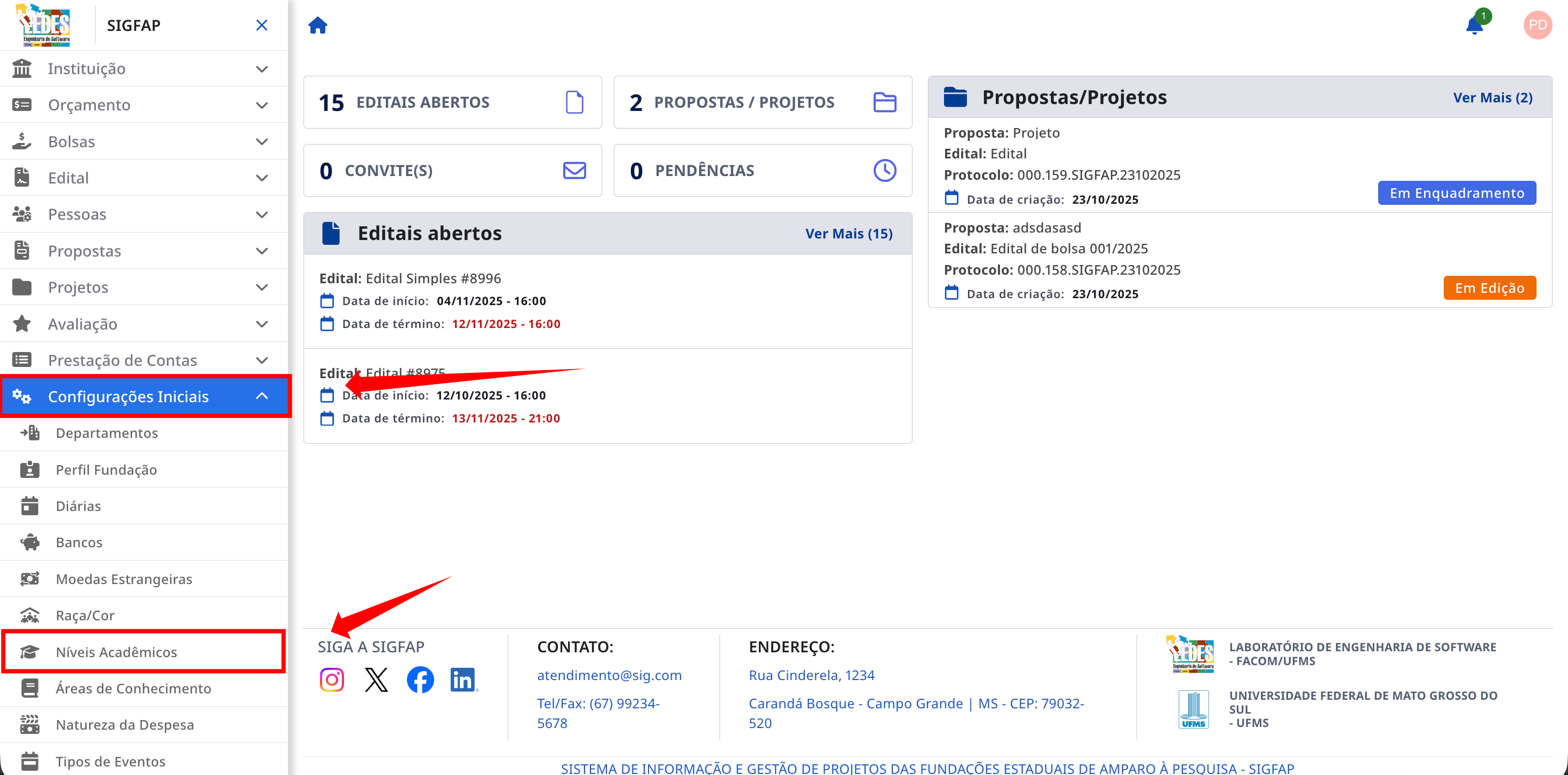 Menu lateral com a opção Níveis Acadêmicos Destacado