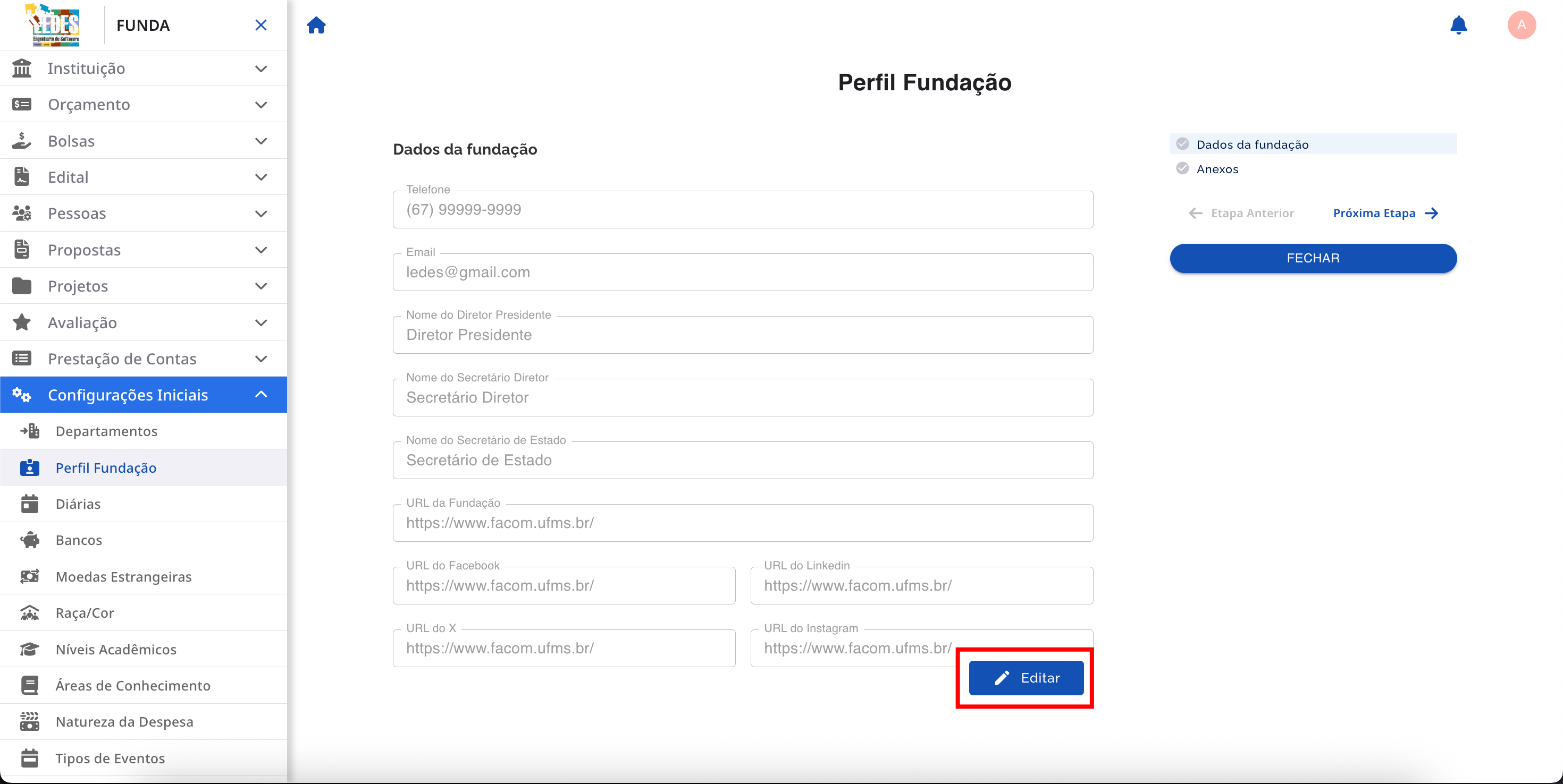 Botão para editar os dados da fundação