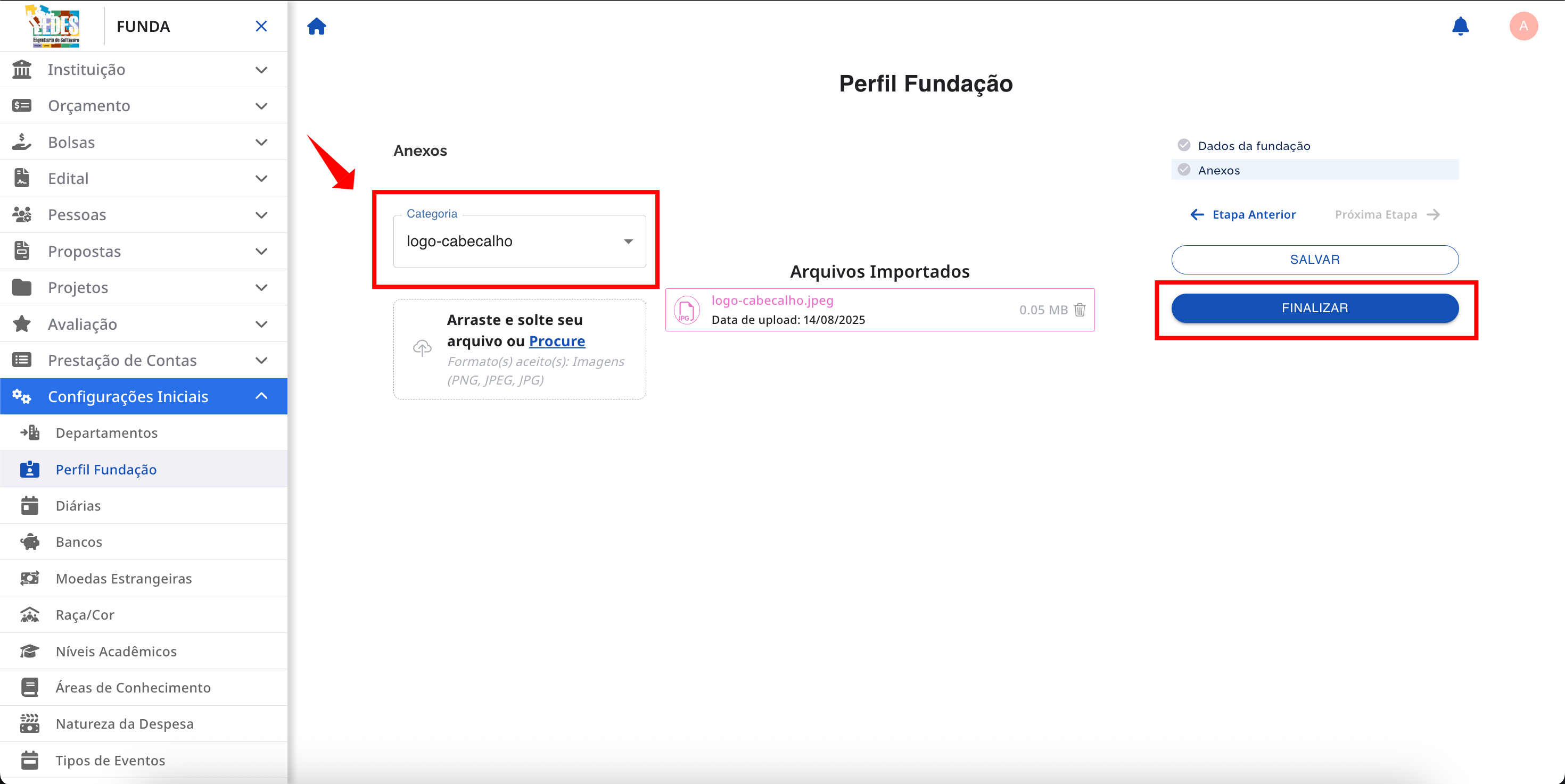 Botão Finalizar para salvar todas as alterações