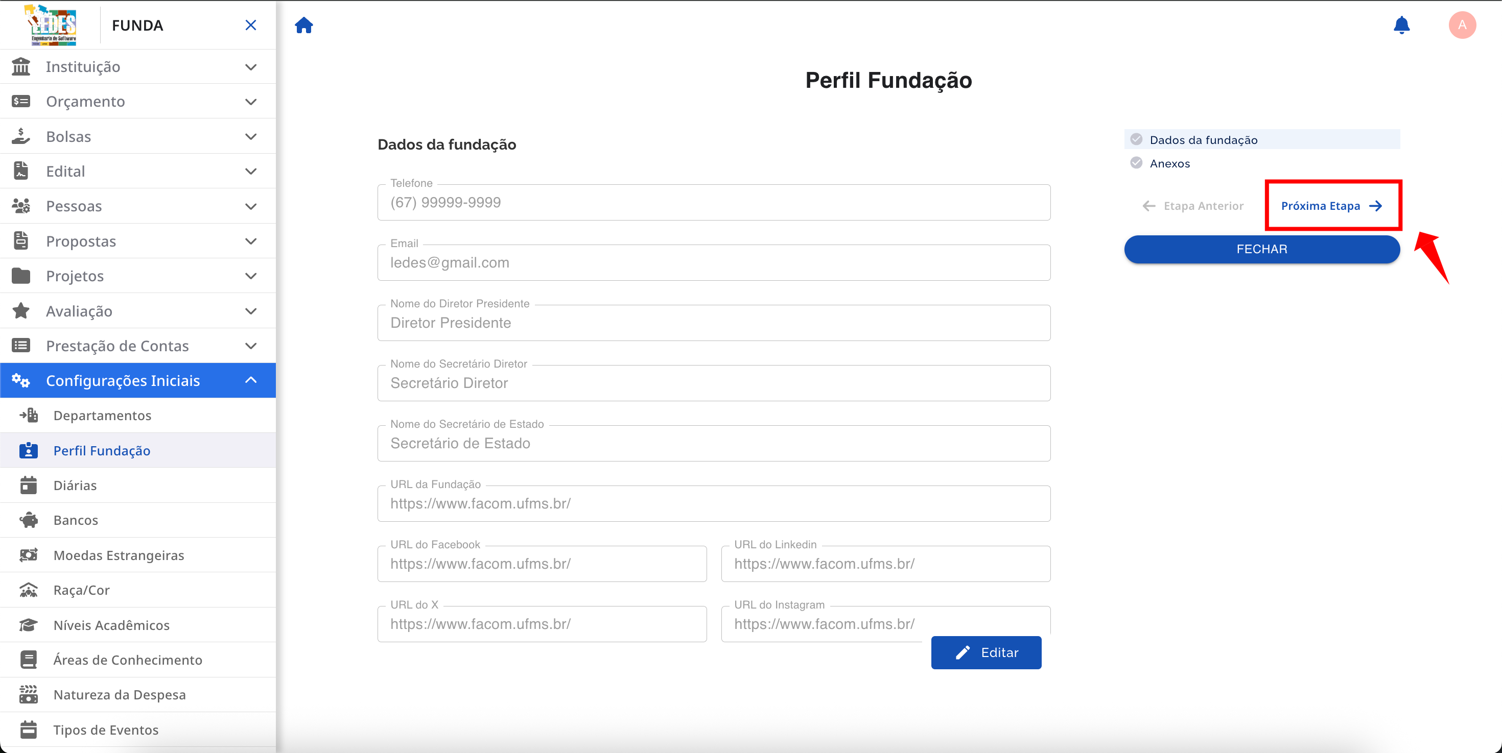 Botão Próximo para avançar à próxima etapa