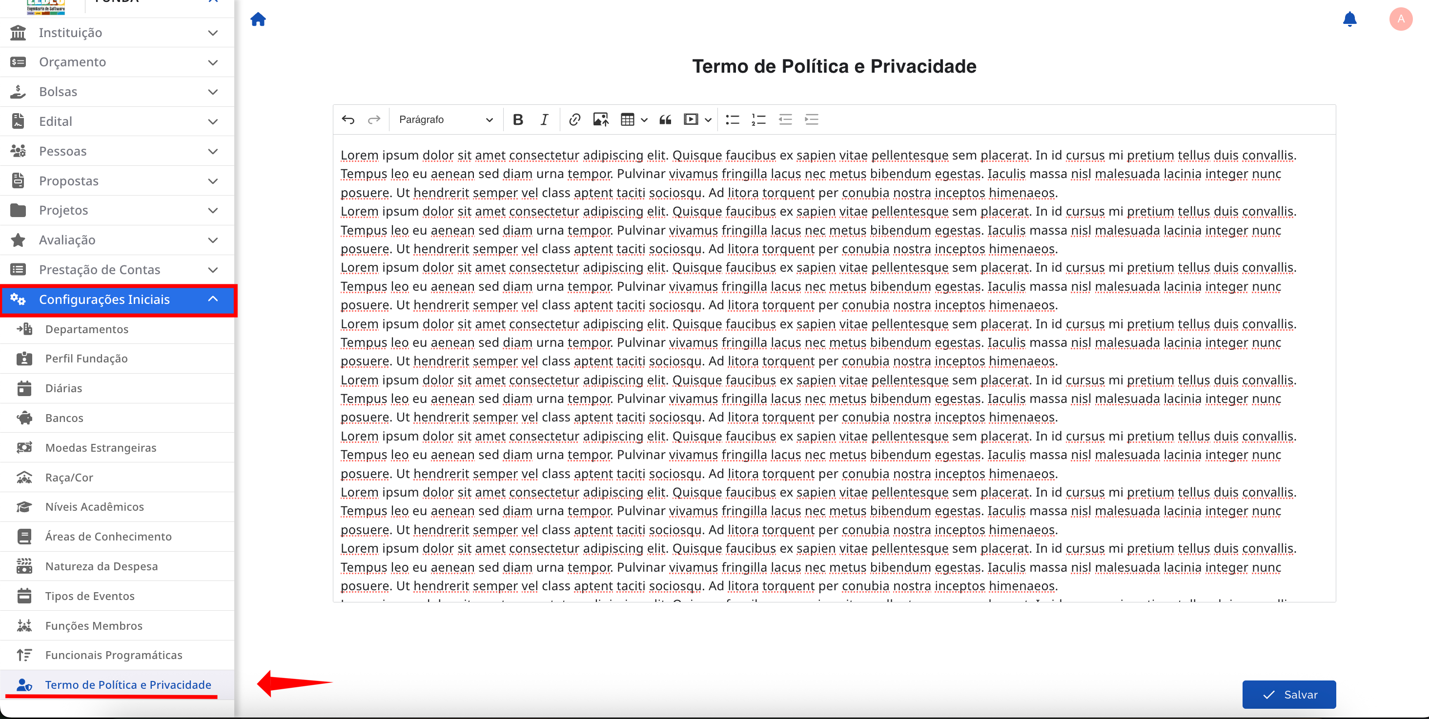 Tela de Termo e Política de Privacidade