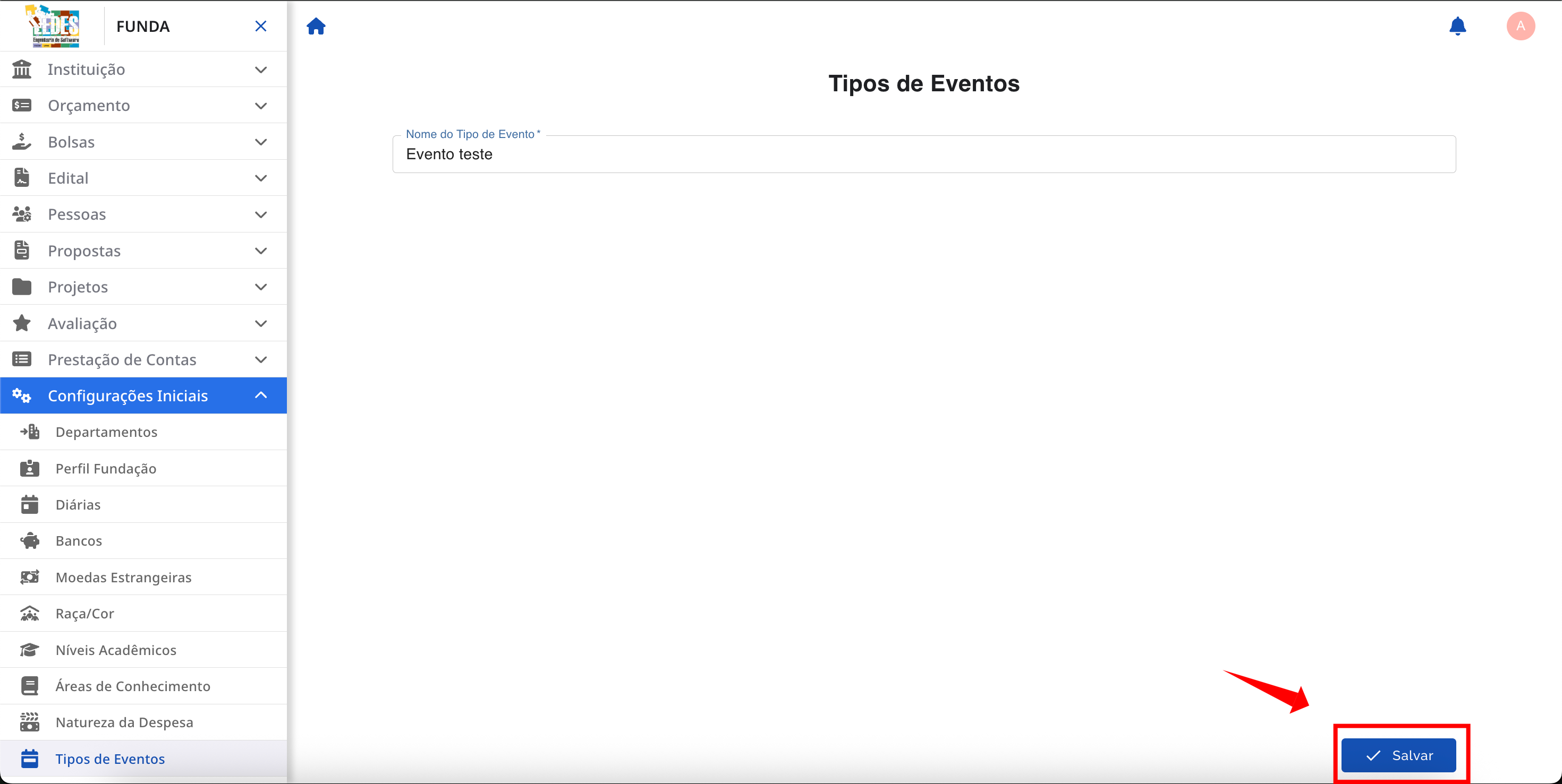 Formulário de adição de um novo tipo de evento.