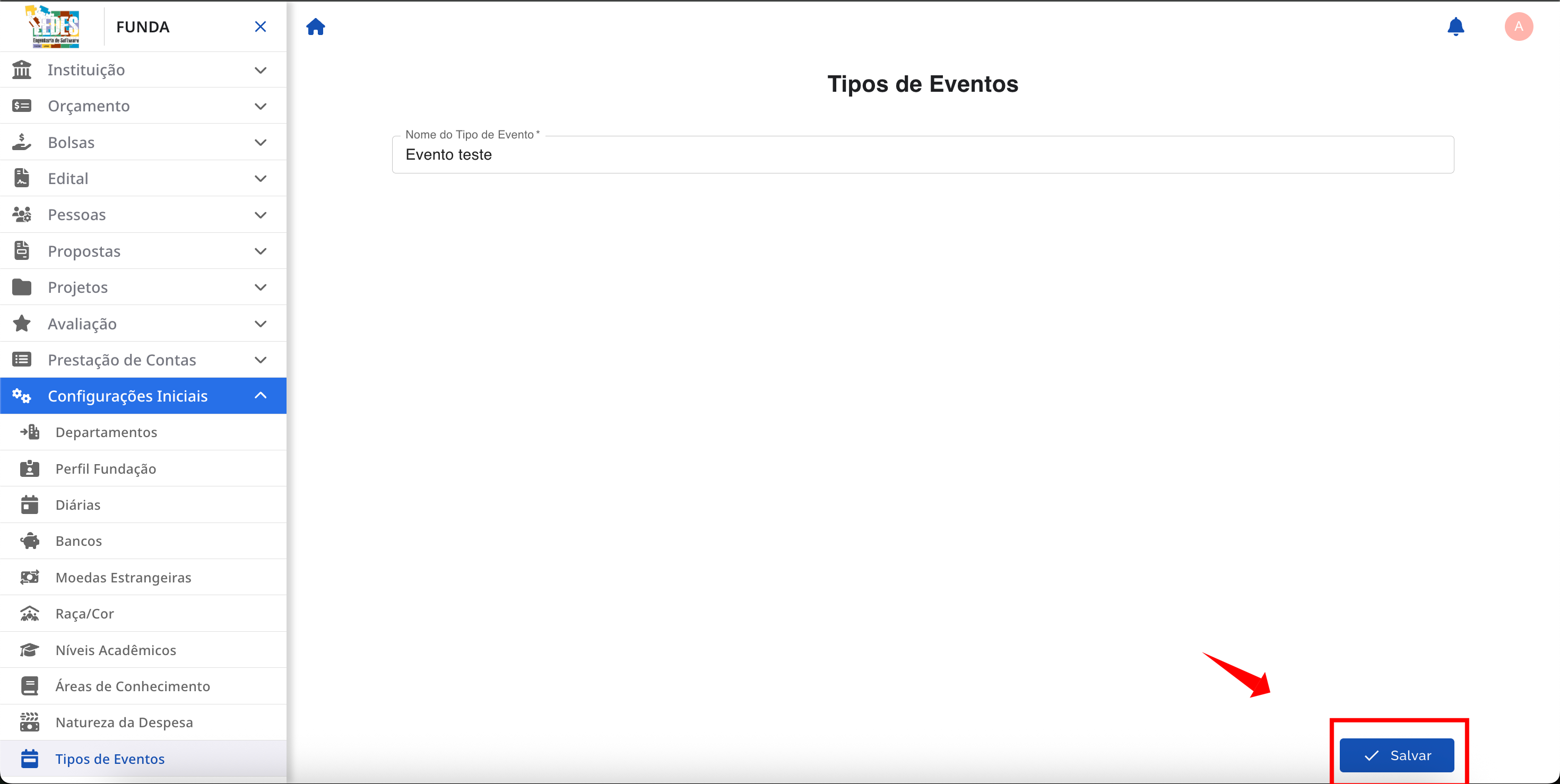 Salvando as alterações na tela de edição de tipo de evento.