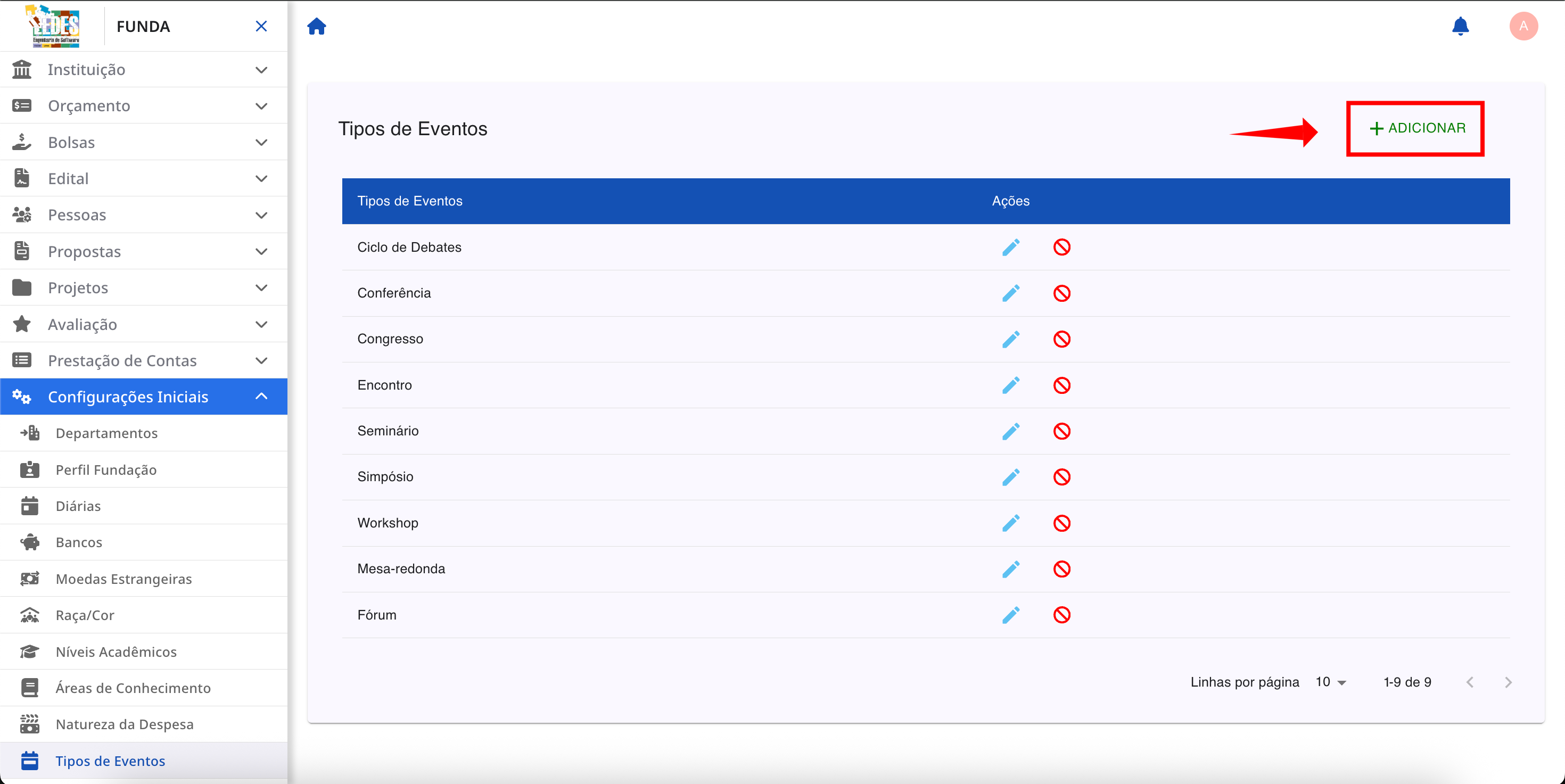 Opção de adição de um novo tipo de evento.
