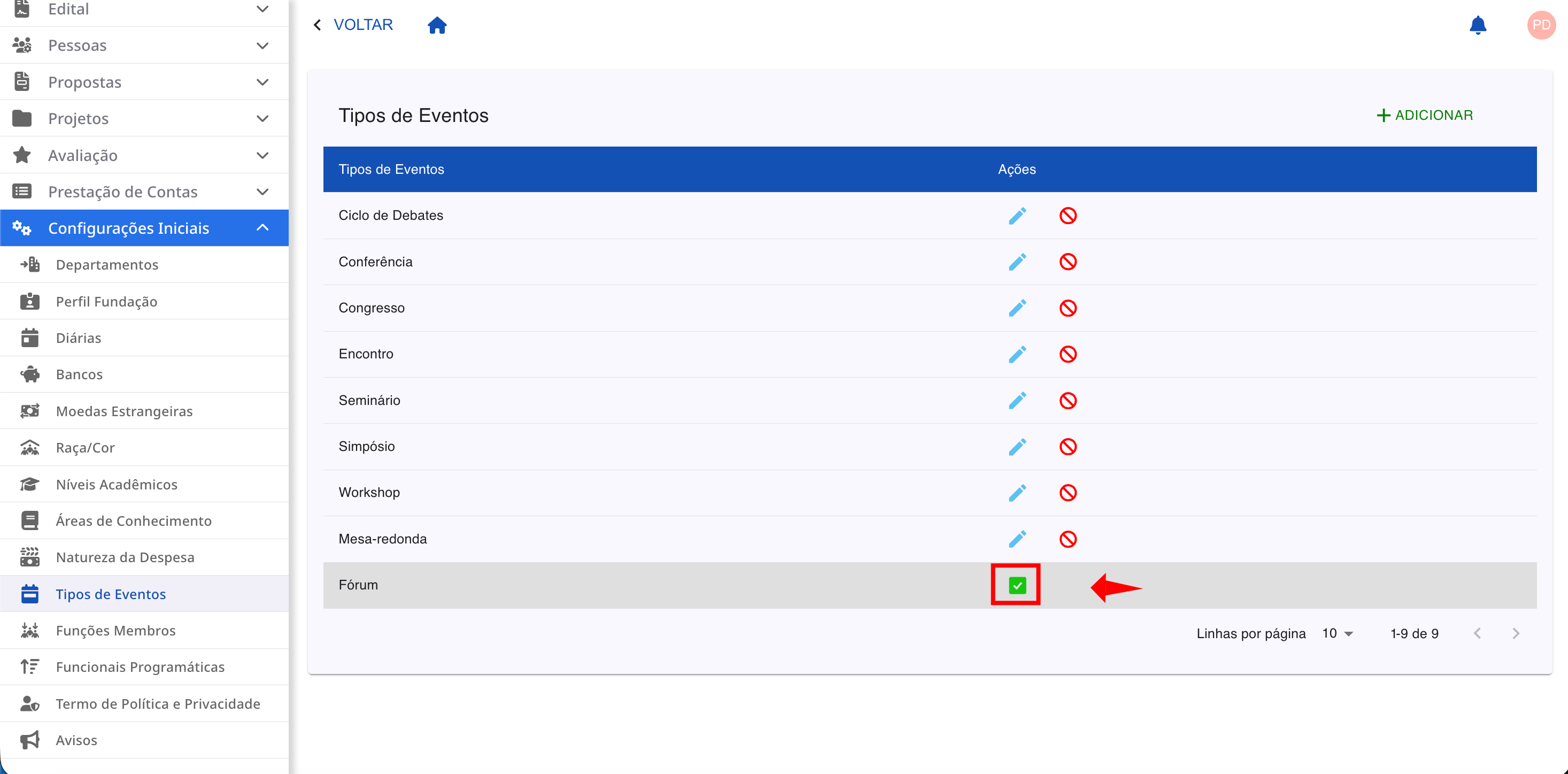 Ícone de bloqueio para ativar um tipo de evento.