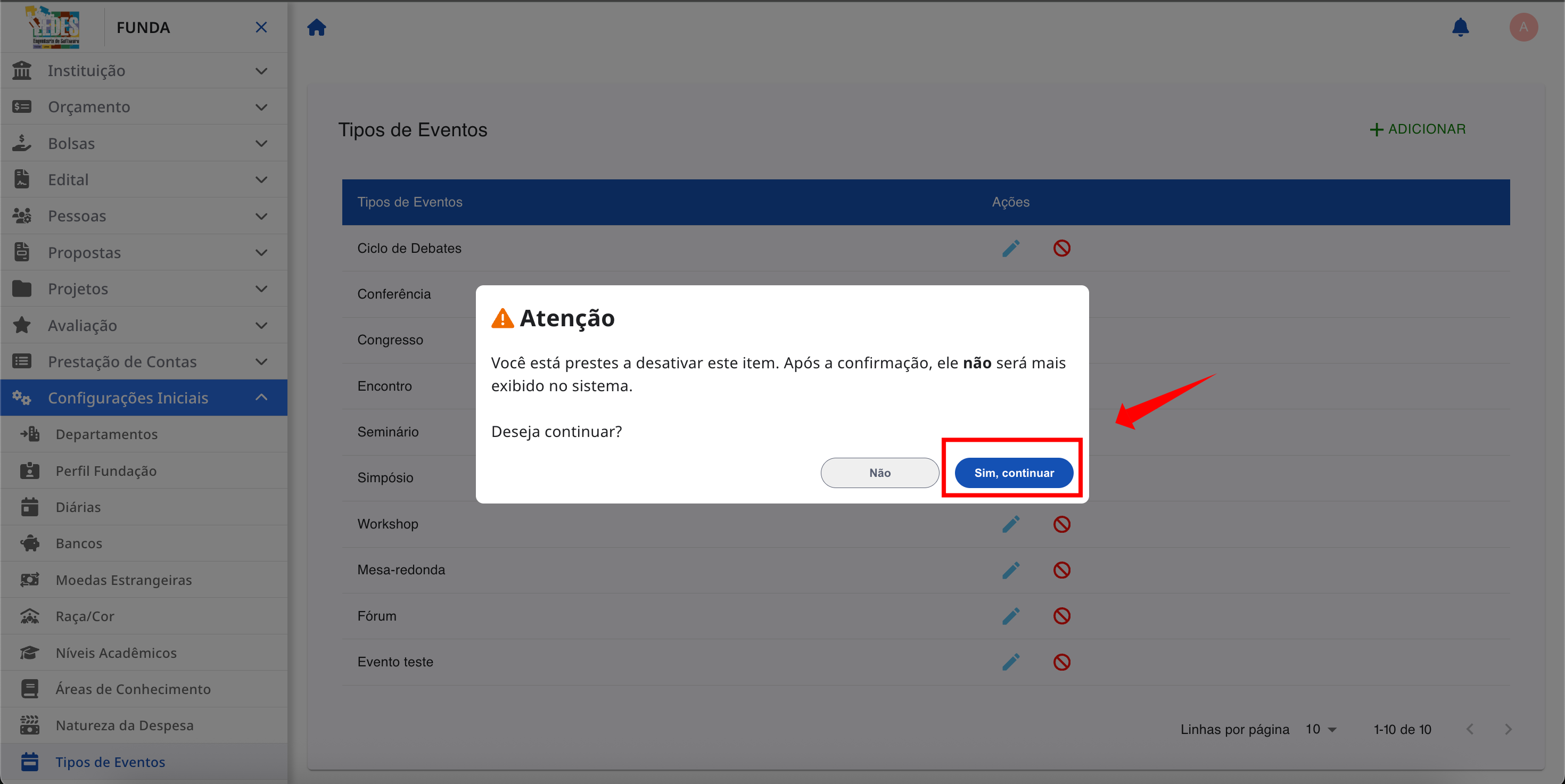 Janela de confirmação para desativar o item.