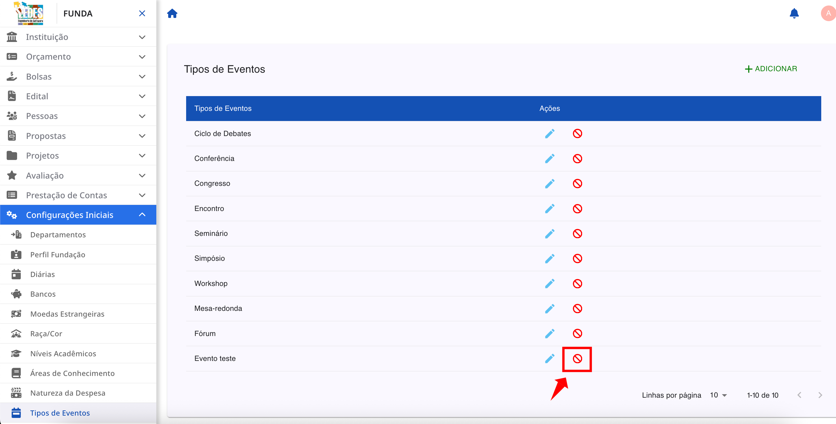 Ícone de bloqueio para desativar um tipo de evento.