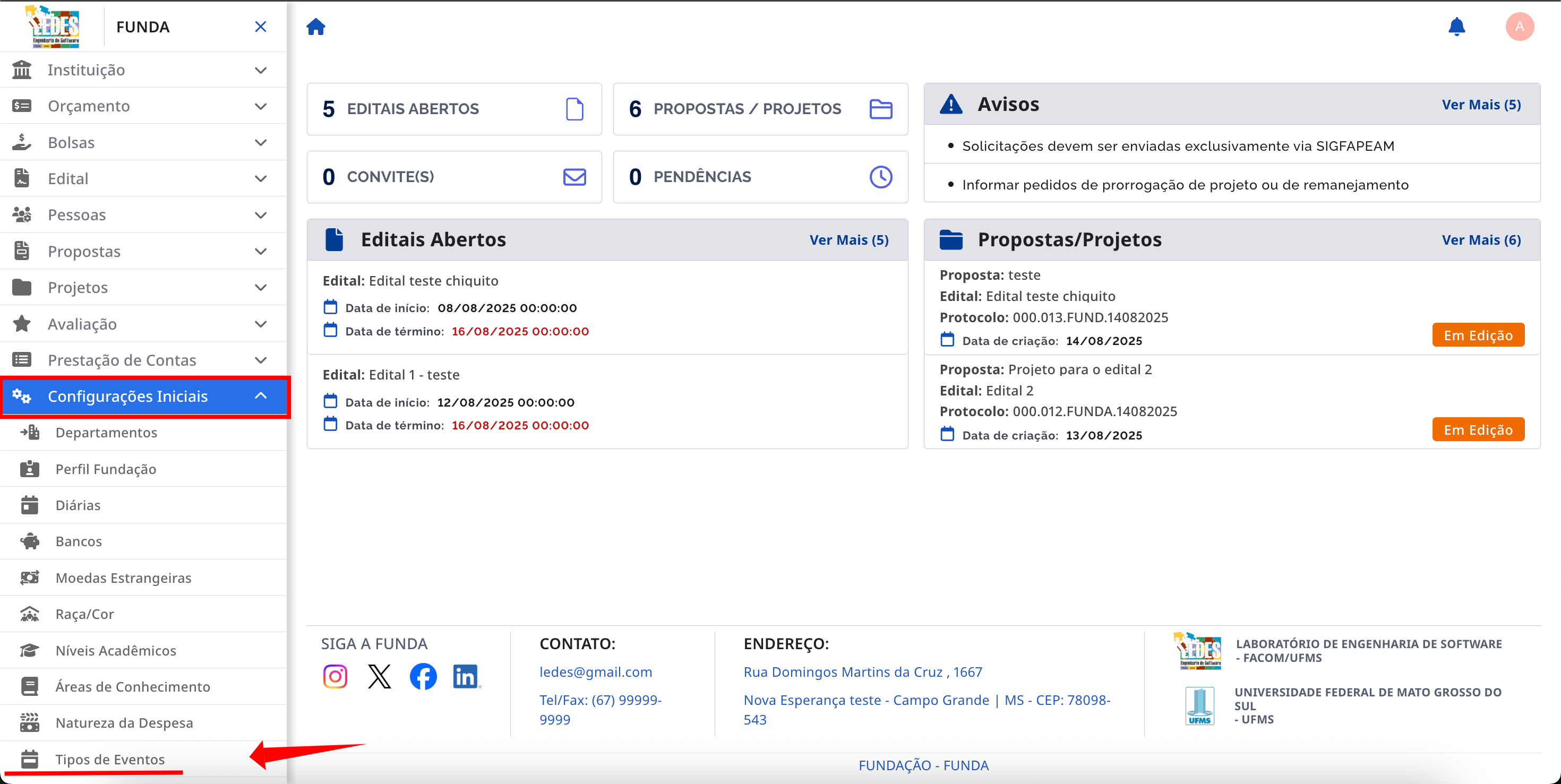 Menu lateral com a opção Tipos de Eventos destacada.